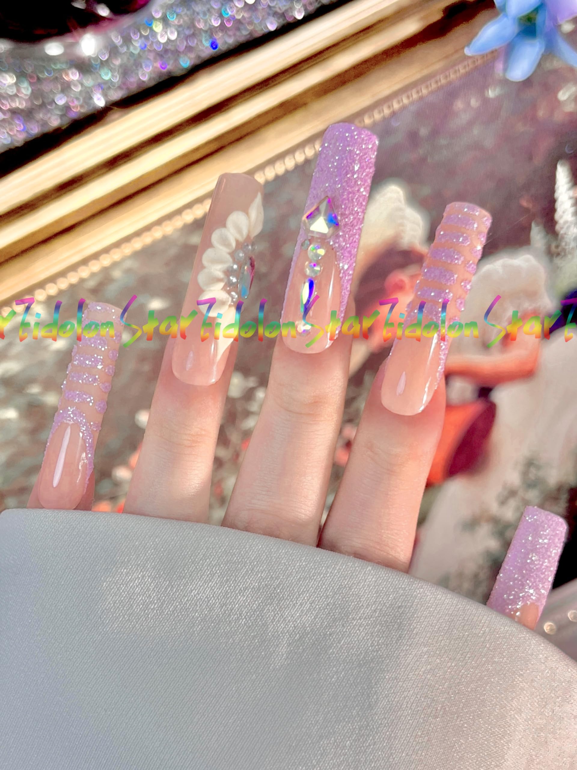 Hand-Painted Purple Press on Nails Kit - Medium Length Coffin & Almond False Nails with Nail Glue - X-Small Size (L1) - Perfect for Parties, Weddings, and Special Occasions