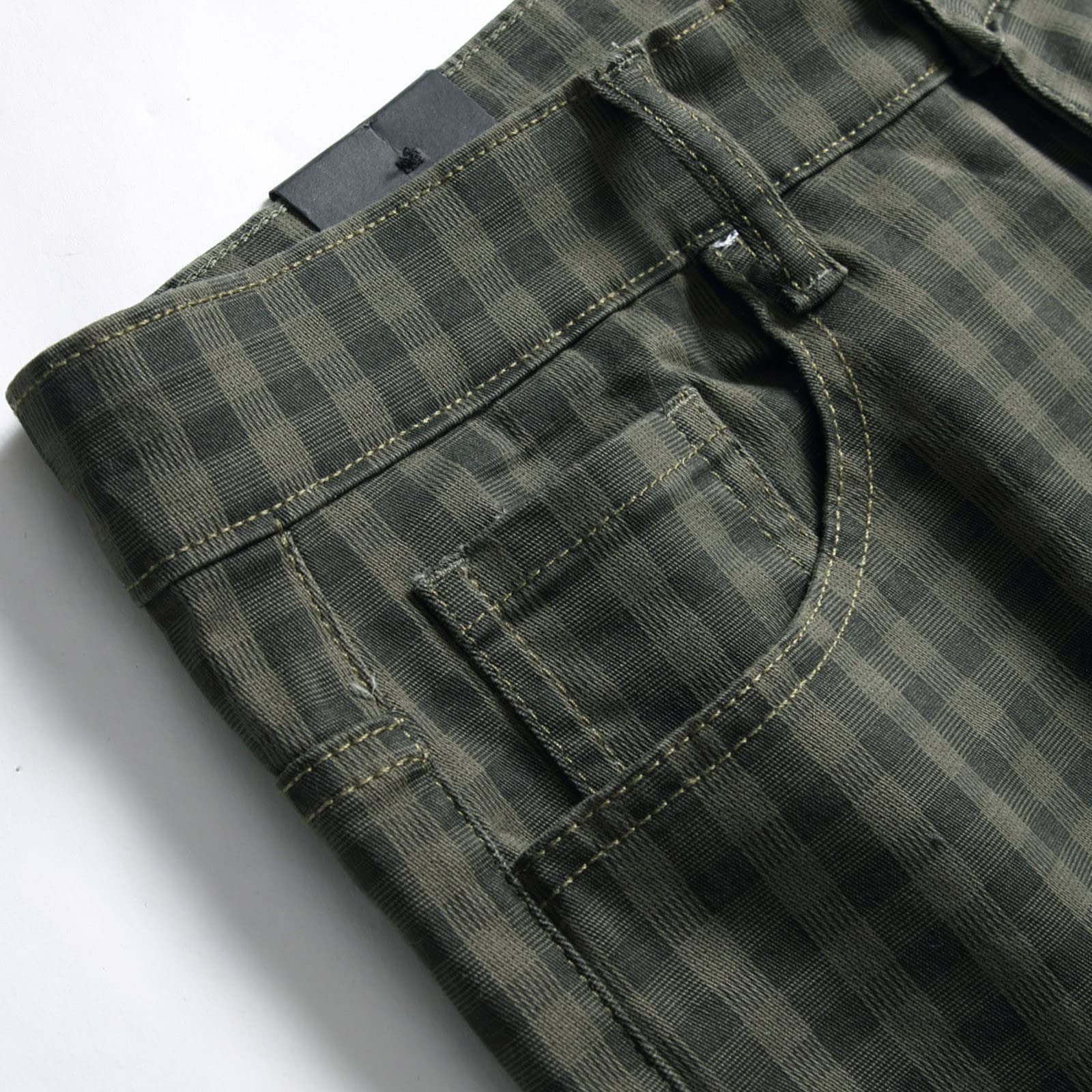 Men's Linen Pants - Casual Plaid Printed Straight Leg Slim Fit Trousers with Buckle & Zipper | Classic Work Pants for Office, Summer & Travel