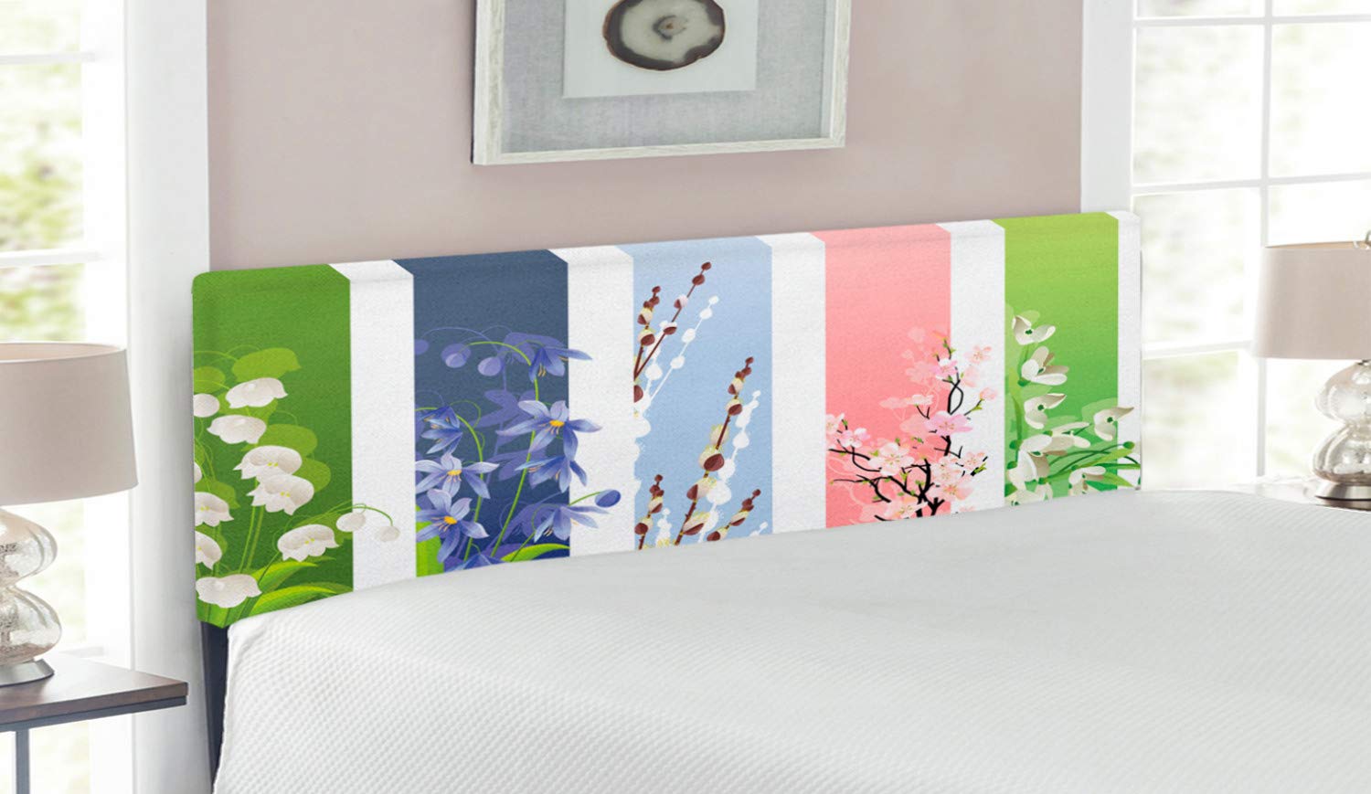 Ambesonne Floral Upholstered Headboard - Queen Size Decorative Metal Bed Headboard with Memory Foam, Spring Flowers & Lily Blossoms Print for Bedroom Decor | Perfect for Master Bedroom, Guest Room & Home Staging