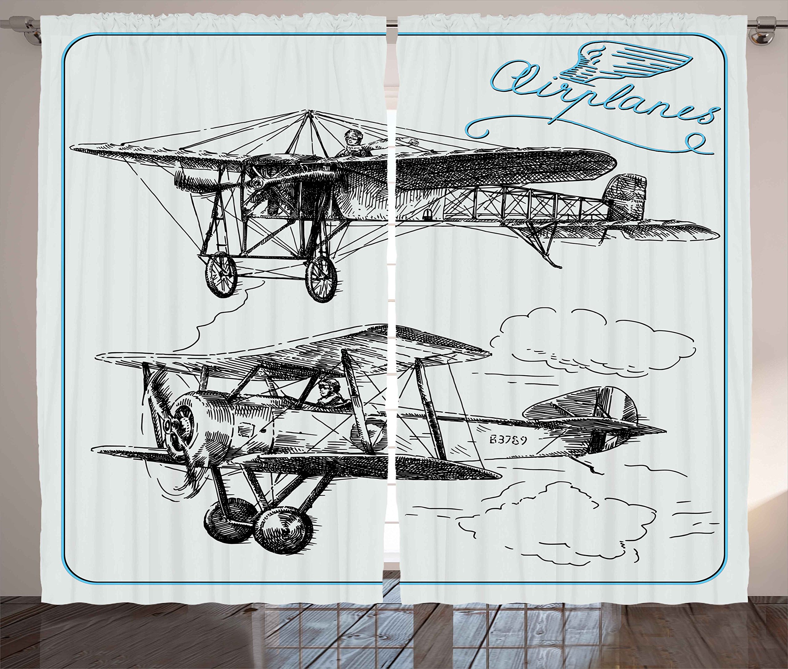 Ambesonne Airplane Curtains - Classic Nostalgic Aircraft Propeller Sky Travel Sketch Window Drapes, 2 Panel Set 108