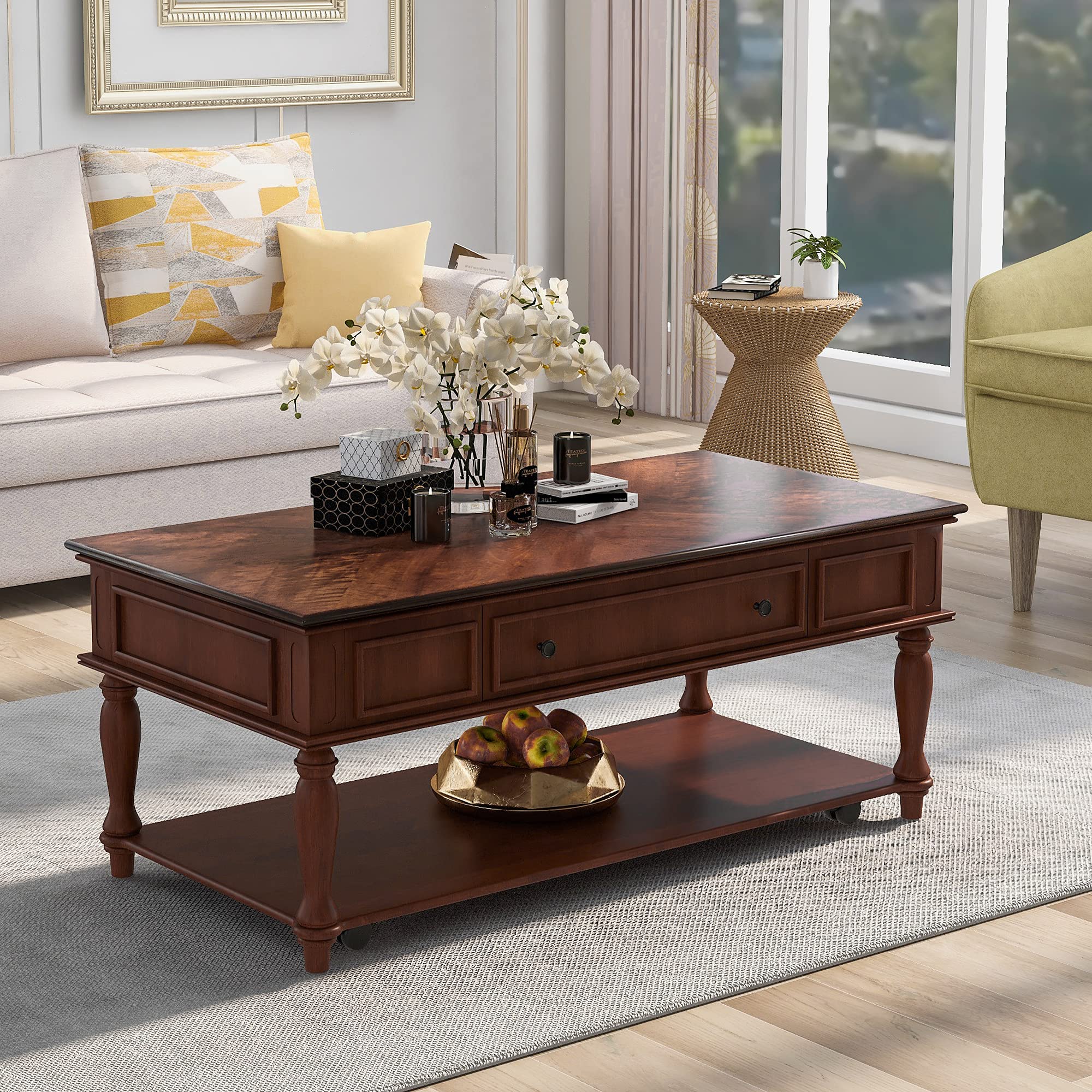 SYCT Retro Espresso Coffee Table with Large Storage Shelf & Drawer - Easy Assembly Mobile Cocktail Table with 4 Caster Wheels for Living Room, Home Office & Small Spaces