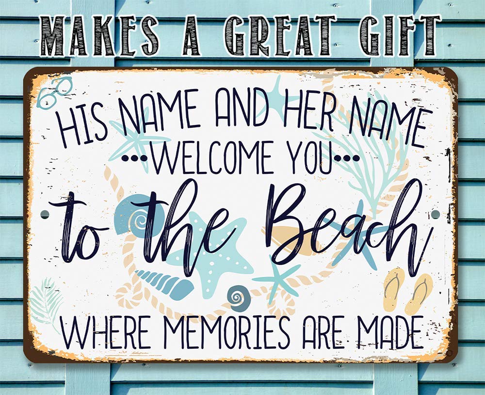Personalized Beach Welcome Metal Sign - Rustic Wall Art for Home Decor Indoor & Outdoor - Perfect for Bedroom, Pool Area & Beach House - Coastal Themed Gift Idea