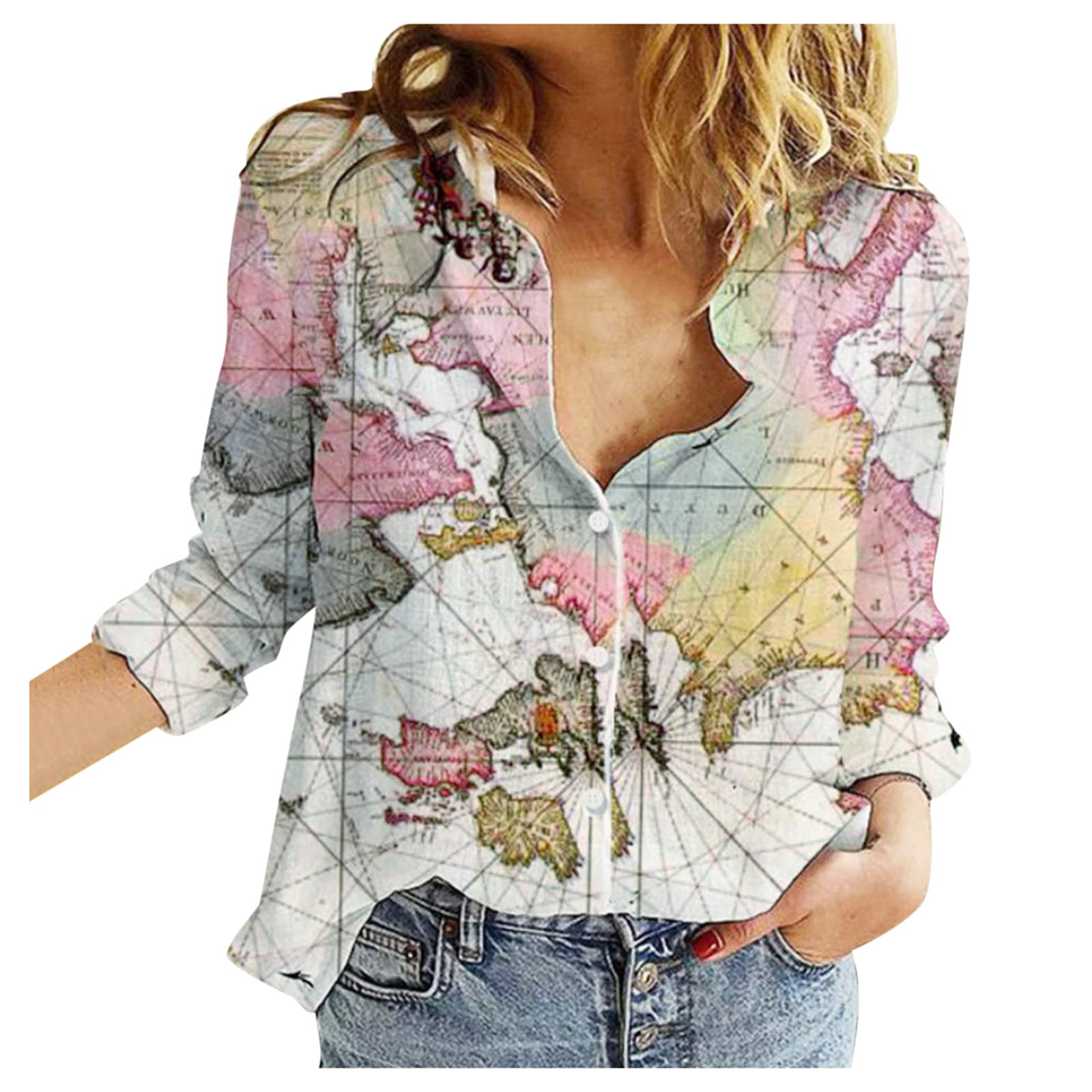 World Map Print Lapel Sleeve Casual Button-Up Shirt for Women - Long Sleeve Loose Fit Blouse for Travel, Office & Everyday Wear