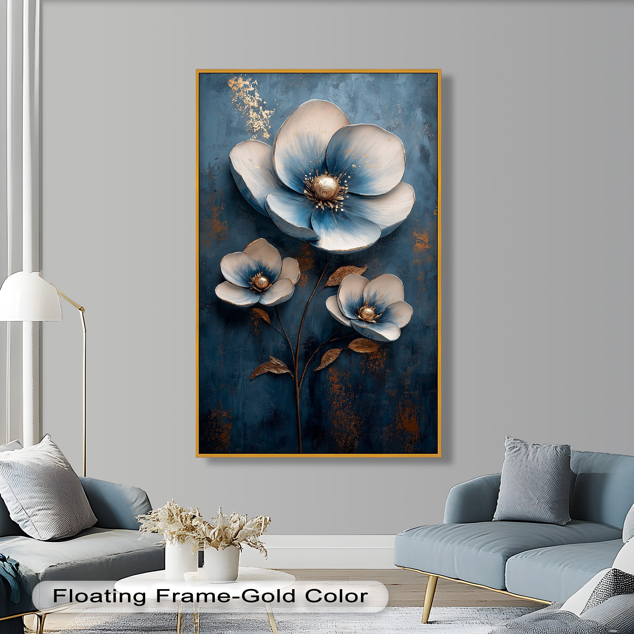 Blue and Gold Flower Modern Oil Painting - Handmade Canvas Wall Art for Living Room, Bedroom & Office Decor