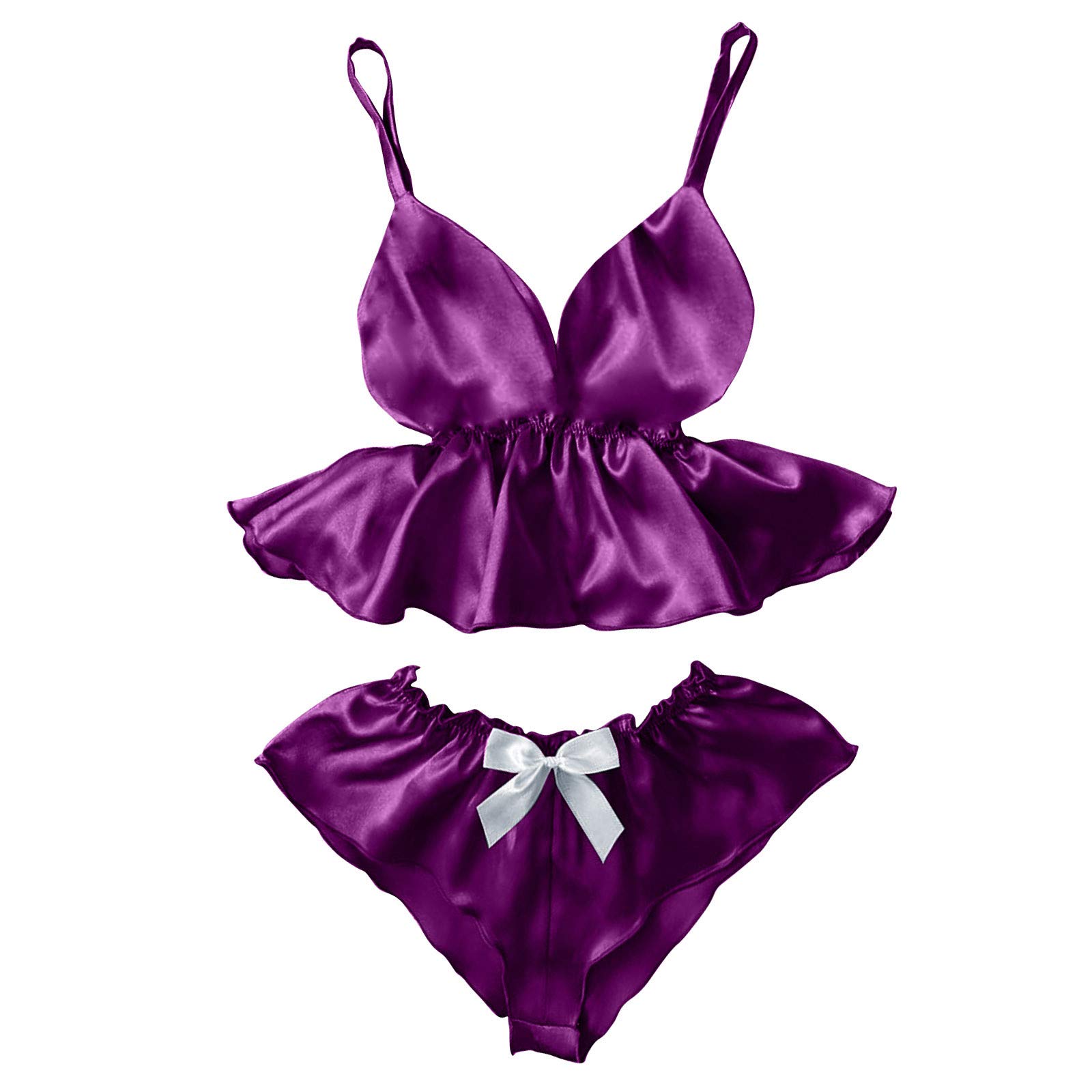 Sexy Lingerie Set for Women - Push Up V Neck Lace Pajama Set with Bowknot Camisole & Eyelash Shorts | Romantic Nightwear for Date Night, Honeymoon & Special Occasions