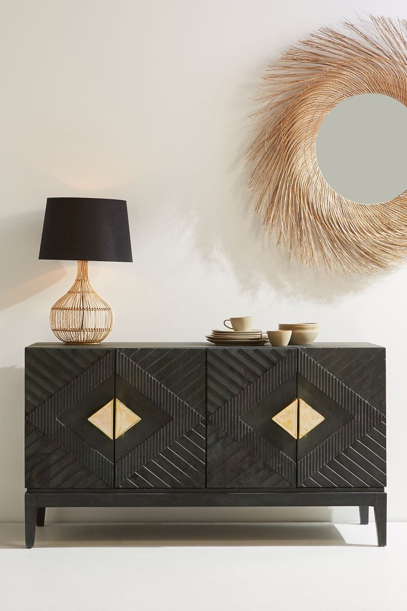 Hand Carved Samuel Buffet Table in Indigo Blue | Solid Wood Custom Made Sideboard for Dining Room | Perfect for Home Decor, Storage & Entertaining Guests