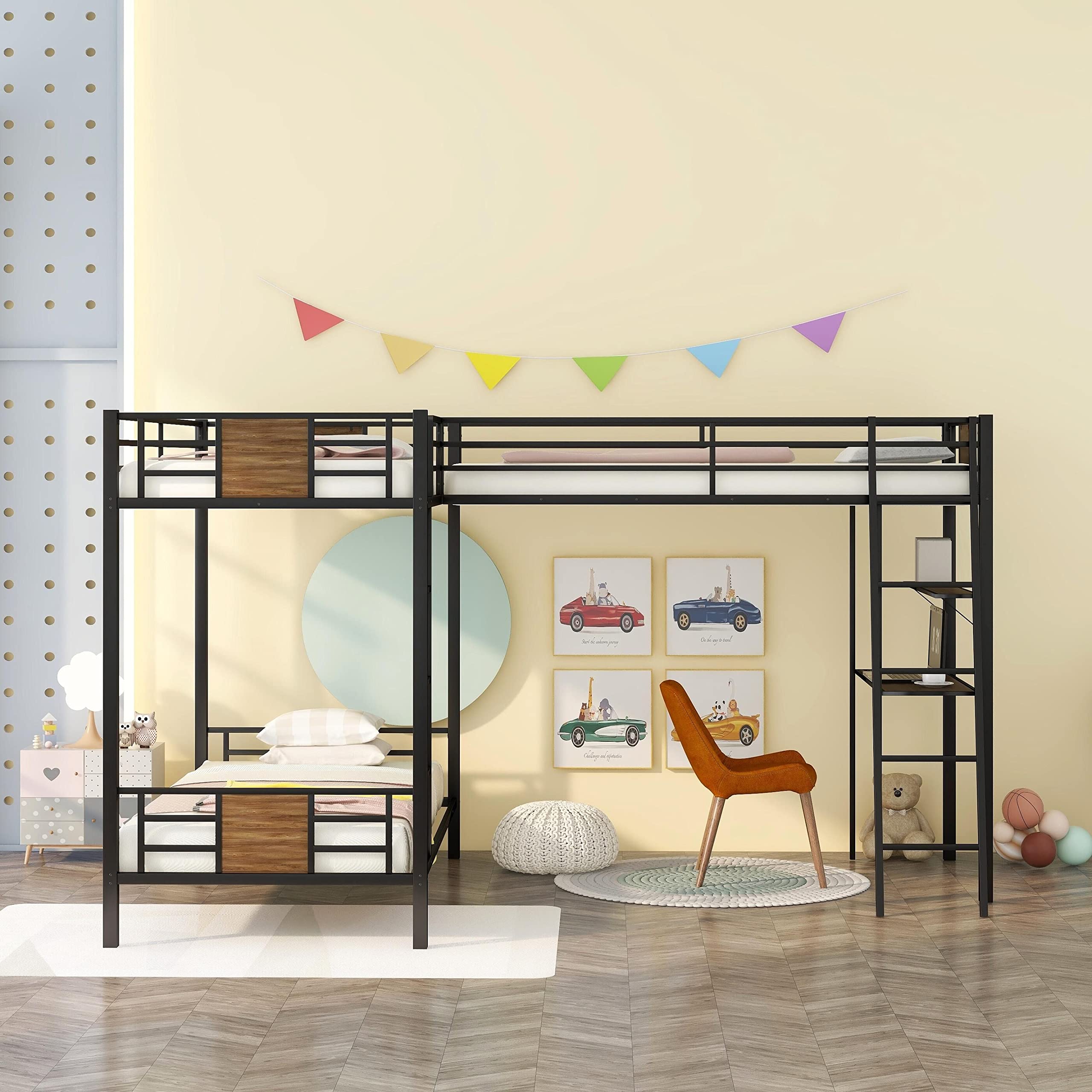 Metal Triple Bunk Beds for 3 - L-Shaped Twin Over Twin Bunk Bed with Desk & Shelves | Space-Saving Kids Dormitory Furniture for Boys, Girls & Teens | Perfect for Small Bedrooms, Shared Kids Rooms & College Dorms (Brown)
