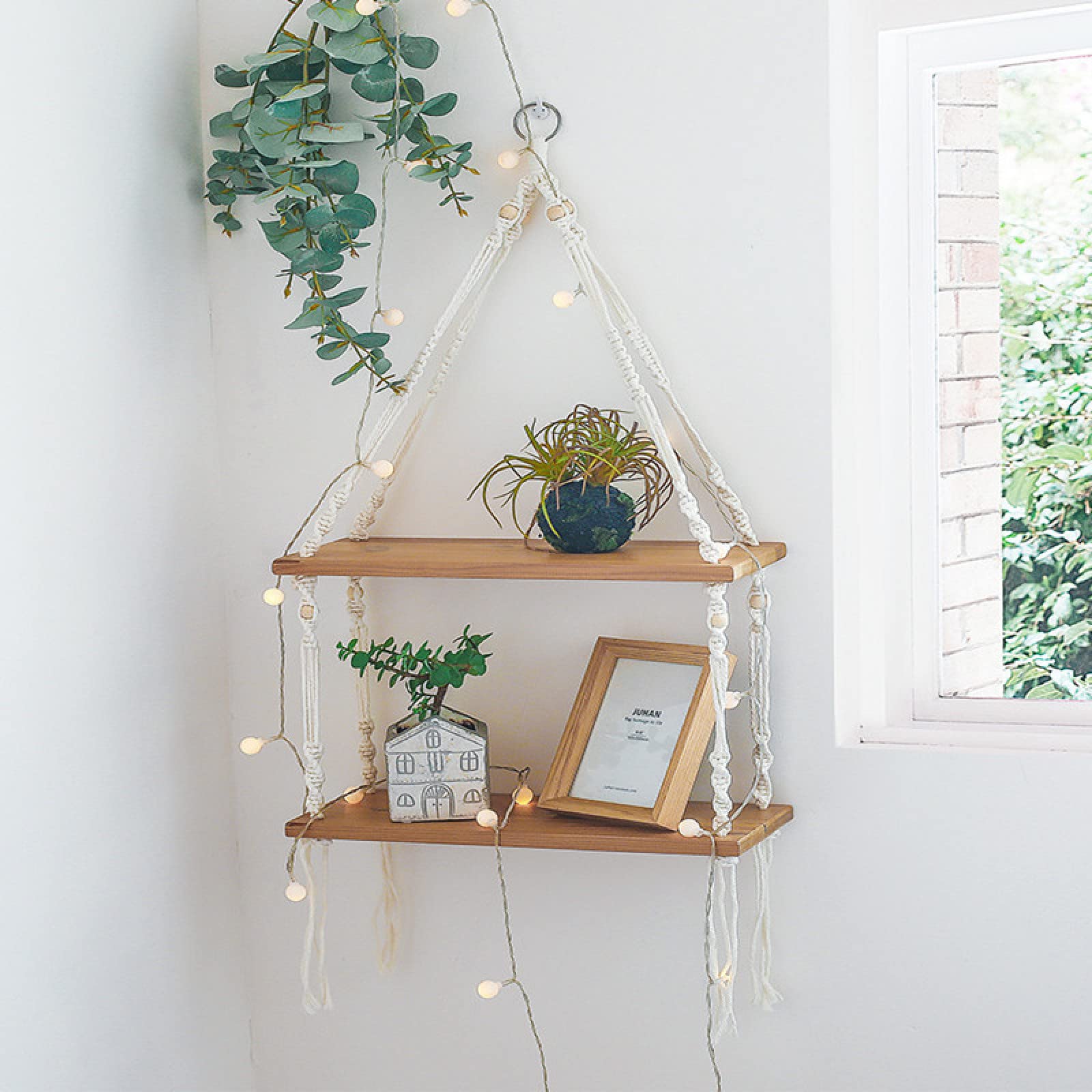 2 Tier Hanging Rope Shelves - Rustic Wooden Floating Wall Shelf for Plants, Flowers & Decor - Perfect for Living Room, Bedroom, Window & Terrace Display