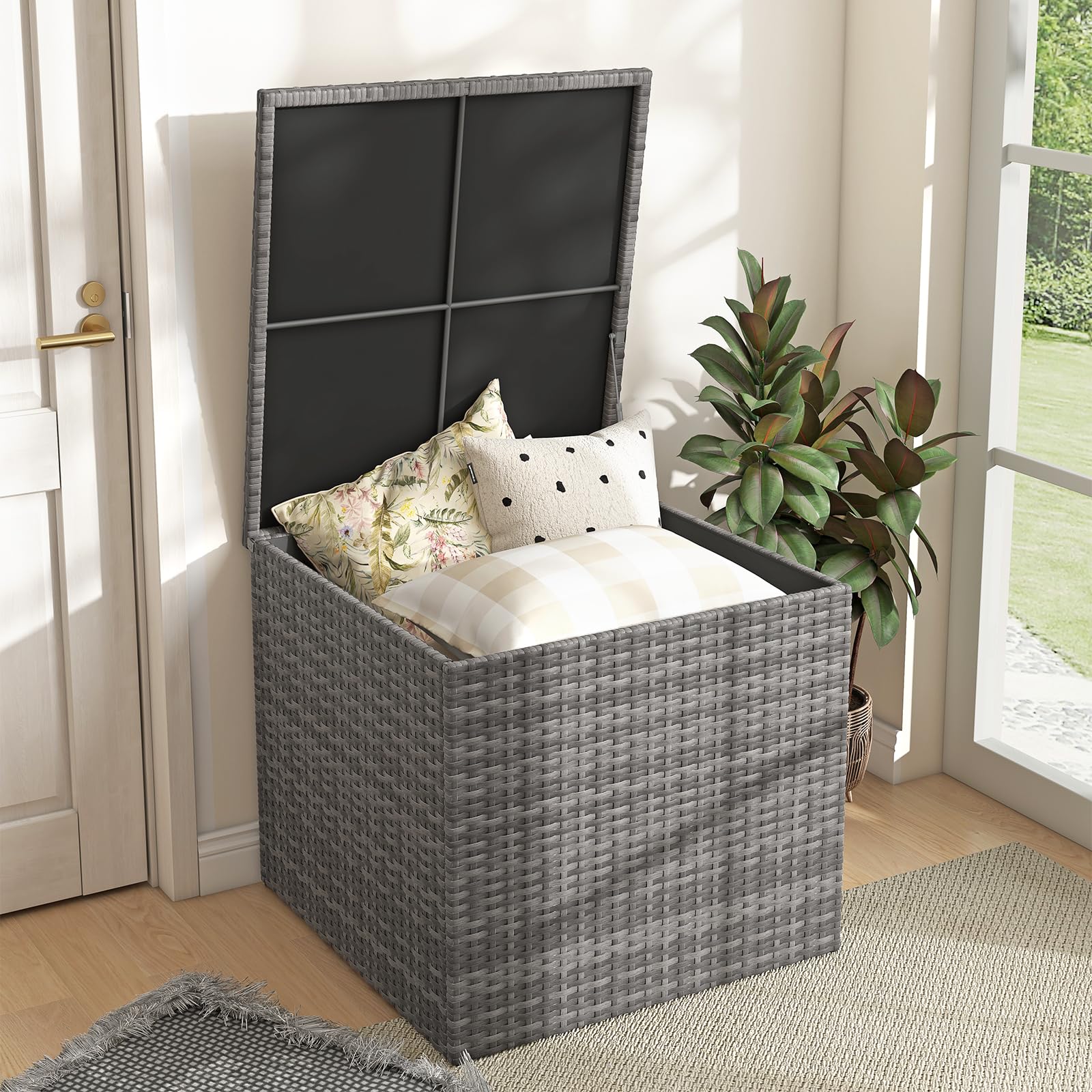 88 Gallon Resin Wicker Deck Box - Outdoor Storage for Patio Cushions, Gardening Tools & Pool Accessories - Waterproof Rattan Storage Bin for Backyard, Patio & Garden Organization (Grey)