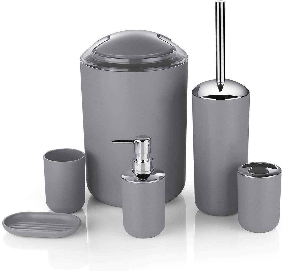 Minimalist Grey Bathroom Accessory Set - Toothbrush Holder, Soap Dish, Hand Sanitizer Bottle, Dustbin & Toilet Brush | Modern Bathroom Organization for Home, Apartment & Guest Bath Decor