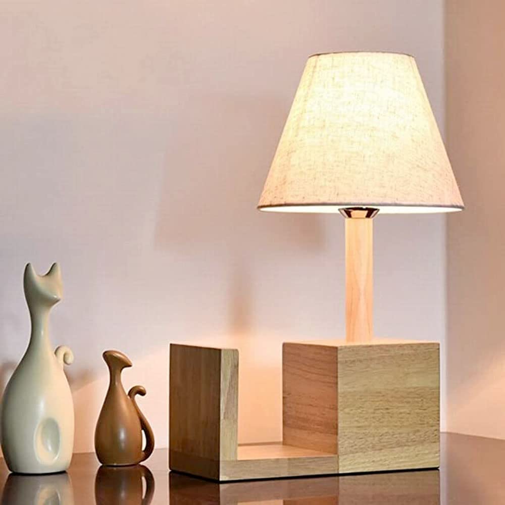 Artica Wooden Table Lamp with Fabric Shade - E27 Holder Bedside Desk Lamp for Living Room, Bedroom & Study | Night Reading & Home Office Lighting