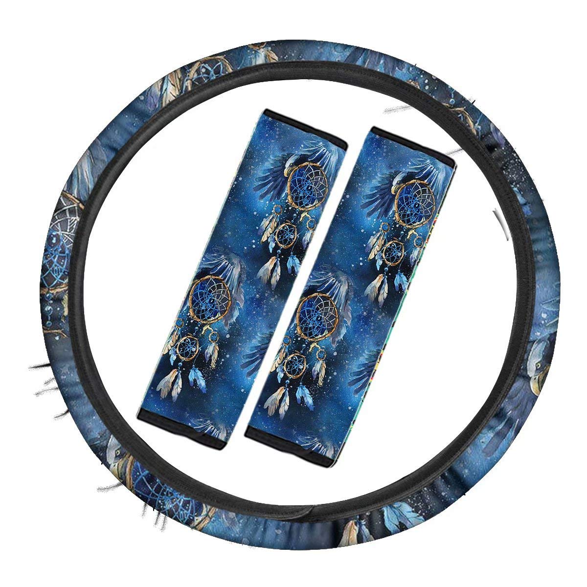 Pensura Blue Dream Catcher 3-Piece Steering Wheel Cover & Seatbelt Pads Set - Universal 15 Inch Floral Car Accessories for Women - Perfect for Daily Commute & Road Trips