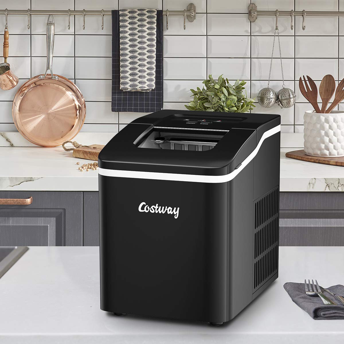 COSTWAY Countertop Ice Maker Machine - 26Lbs/24H Fast Bullet Ice Production in 8 Minutes, Self-Cleaning with Scoop & Removable Basket (Black) - Perfect for Home Kitchen, Office, RV, and Party Use