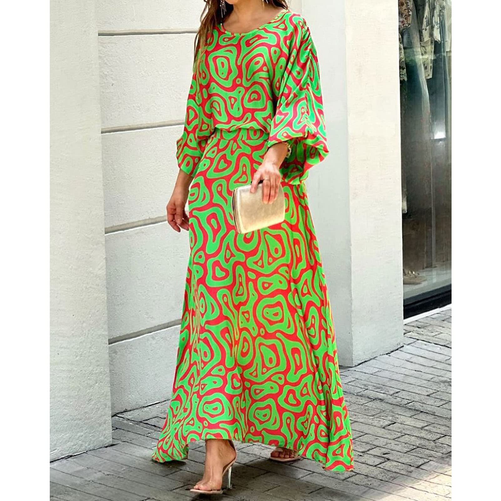 Women's Floral Chiffon Maxi Dress - Summer Loose Printed Long Sleeve High Waist Top & Skirt Casual Outfit Set for Beach, Vacation & Date Night
