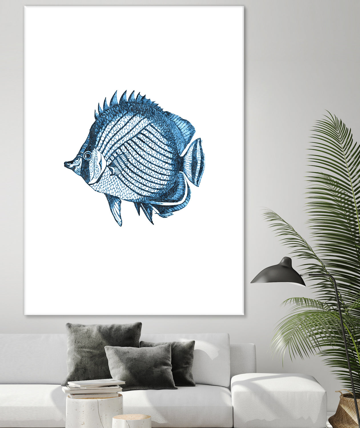 Blue Fish Illustration Wall Art - Hand-Painted Ocean Themed Decor for Living Room, Bedroom & Office | Perfect for Home, Beach House & Coastal Style Interiors