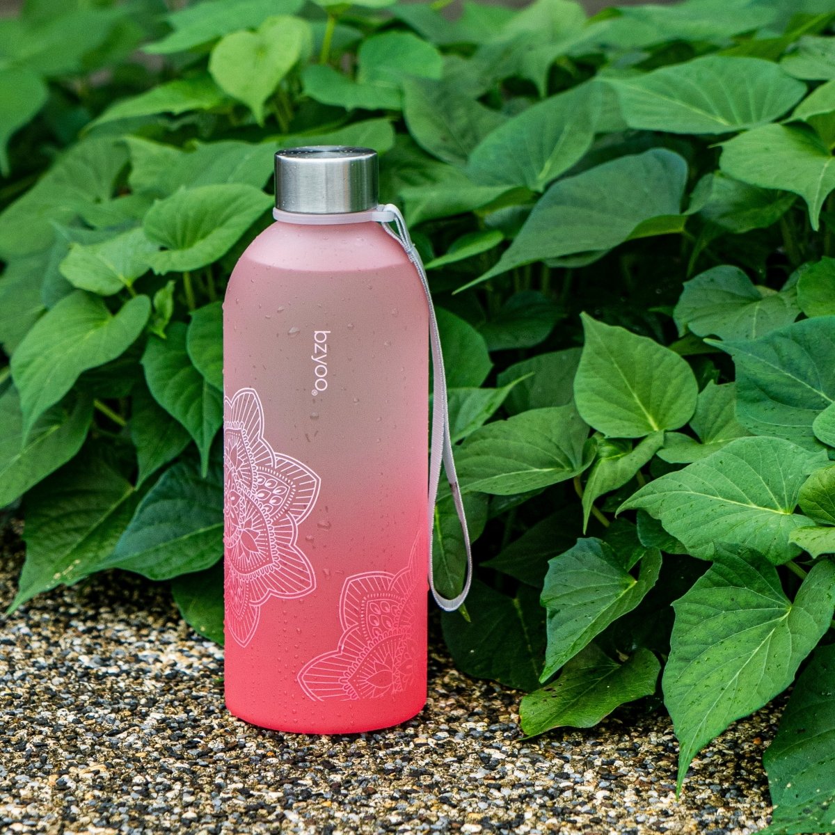 32oz La La Mandala Time Marker Tritan Water Bottle with Carrying Strap - Ombre Red | BPA-Free Leakproof Water Container for Gym, Yoga, Hiking & Outdoor Activities | Motivational Hydration Tracking Bottle for Fitness Enthusiasts