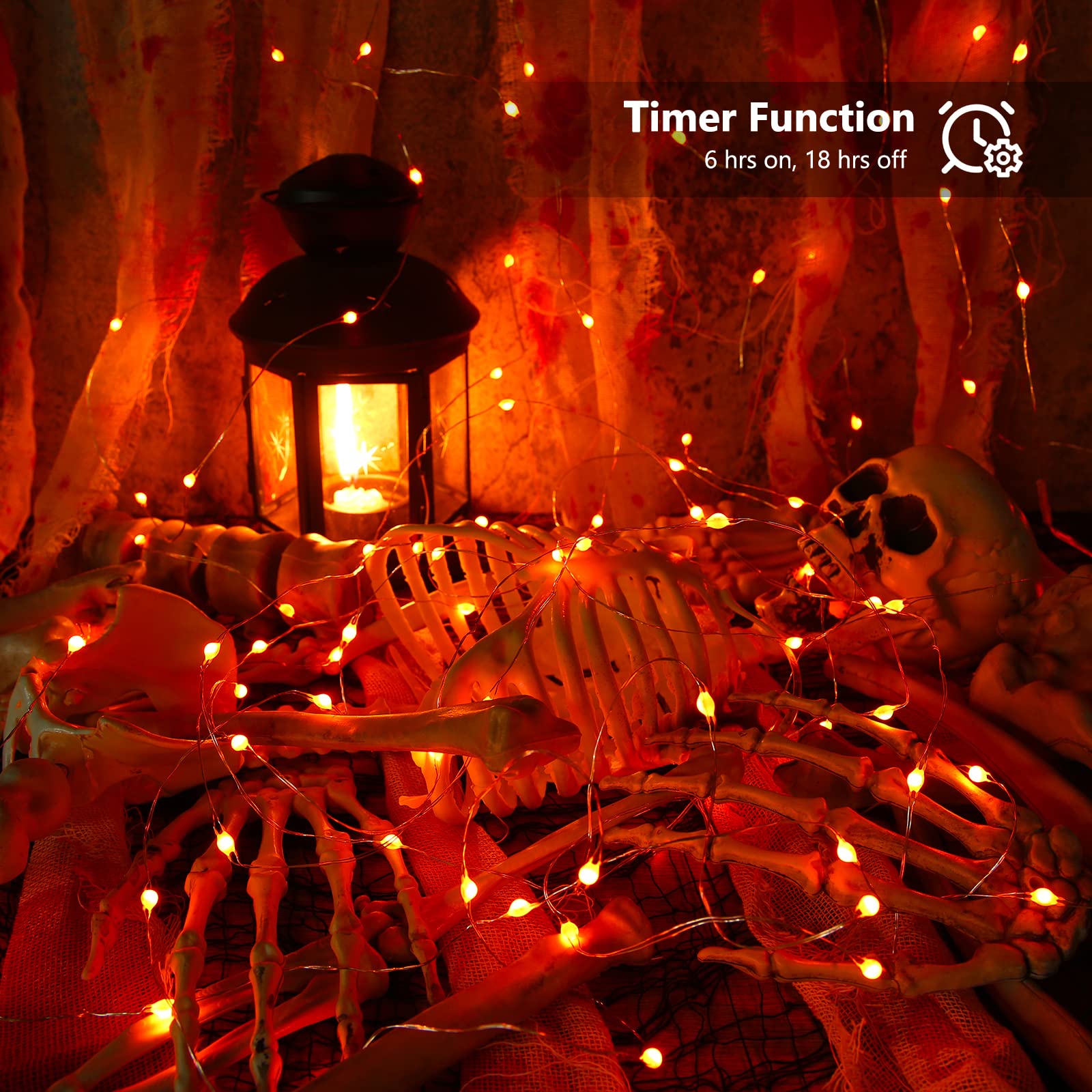 BrizLabs 2 Pack 50 LED Orange Halloween String Lights - 17.48ft Waterproof Fairy Lights with Remote & 8 Modes - Battery Operated for DIY Halloween Party, Tree Decor, Haunted House, Outdoor & Indoor Decorations