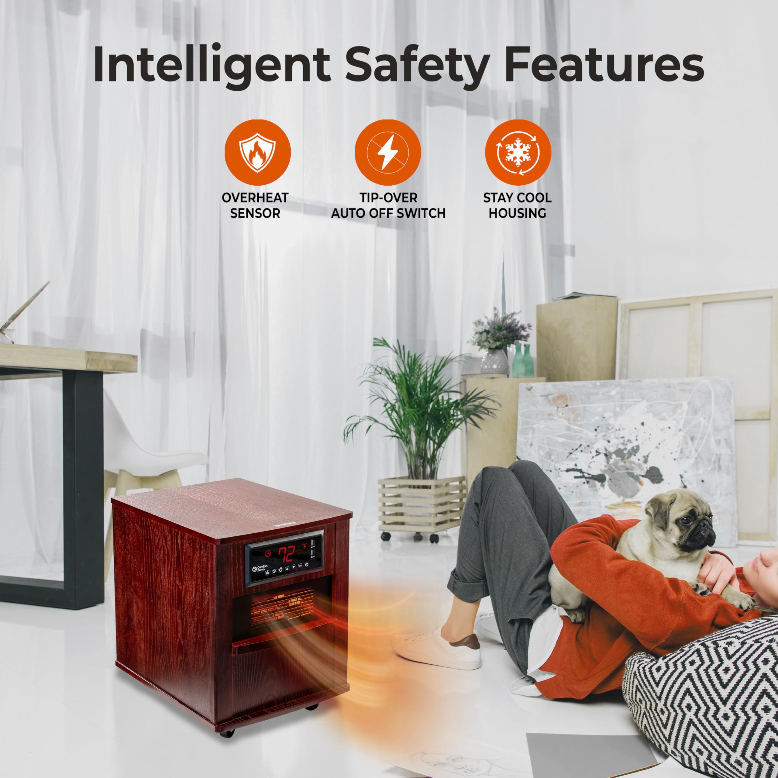 1500W Infrared Quartz Space Heater with Remote, USB Ports & Safety Features - 20 Inch Cabinet Heater for Home, Office & Indoor Use | CZ2062C | Perfect for Bedrooms, Living Rooms & Workspaces