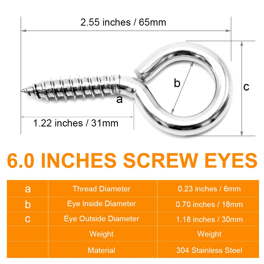 12 Pcs M6 304 Stainless Steel Screw Eye Hooks - 2-1/2 Inch Heavy Duty Eye Bolts with 200LB Load Capacity - Indoor & Outdoor Use for Hanging Plants, Lights & Decor