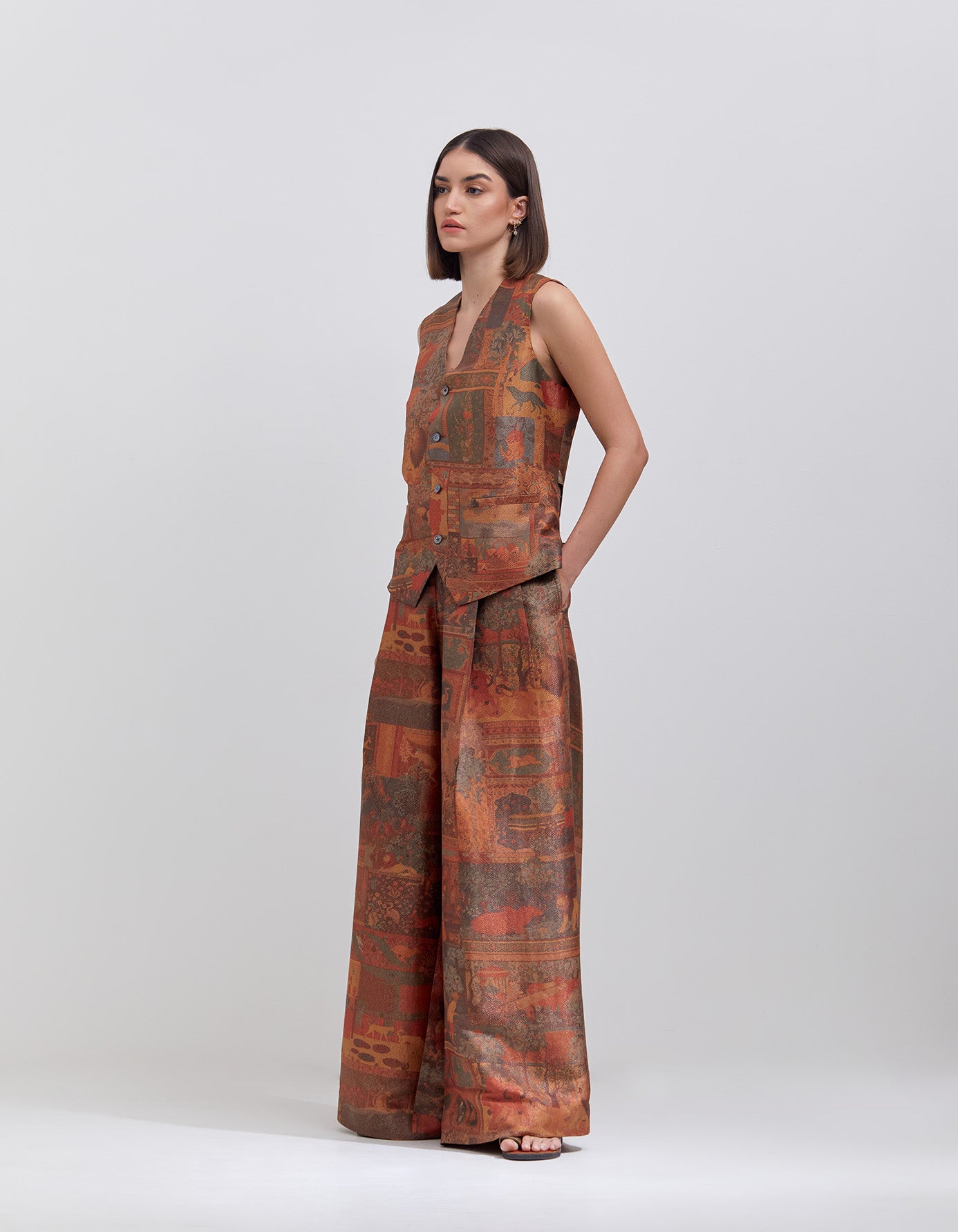 Terracotta Silk Brocade Vest with Zig Zag Pattern - Elegant Women's Fashion Top for Parties, Weddings & Special Occasions