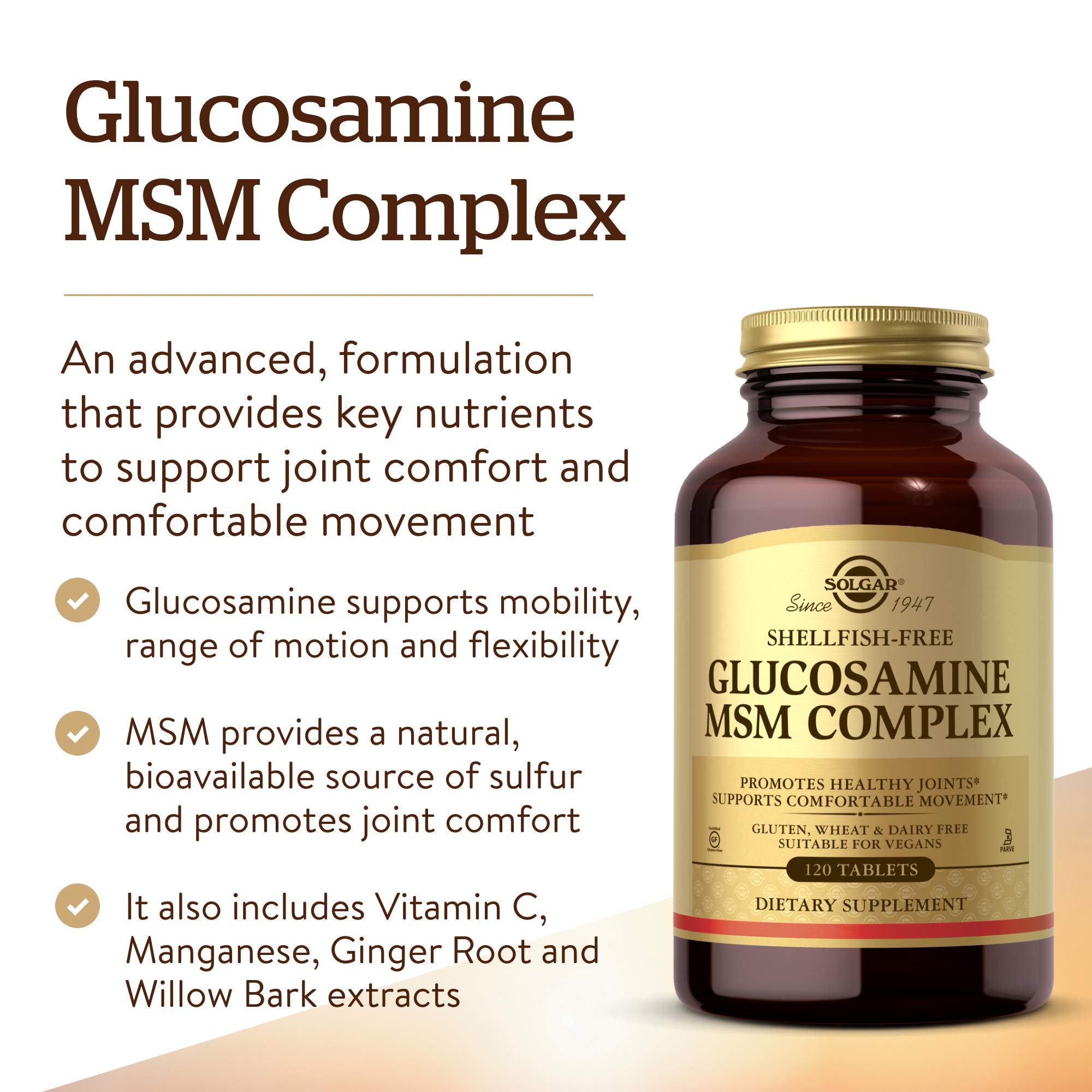 Solgar Glucosamine MSM Complex 120 Tablets - Joint Support Supplement for Healthy Joints, Flexibility & Collagen Production - Shellfish-Free, Gluten-Free, Dairy-Free, Kosher - 40 Servings - Ideal for Active Lifestyles & Joint Maintenance
