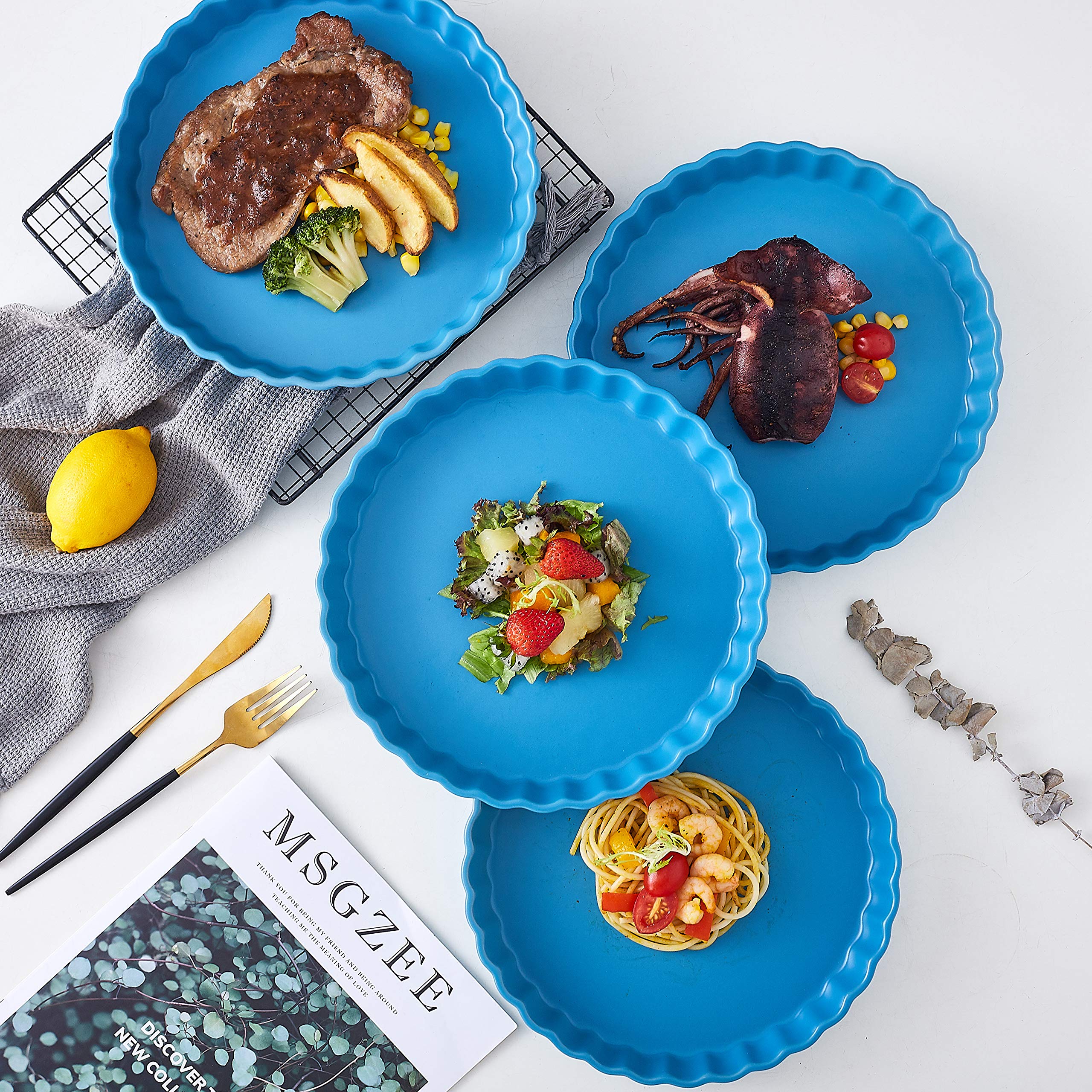 Bruntmor 10-Inch Ceramic Pie Pans Set of 4 - Nonstick Oven Safe Baking Dishes for Quiche, Apple Pie, Tart & More - Blue Porcelain Round Tart Pans - Perfect for Holiday Baking, Dessert Making & Family Gatherings