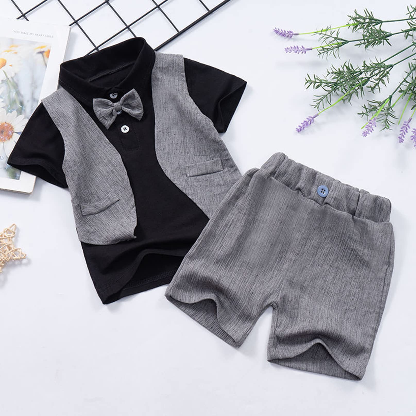 iiniim Toddler Baby Boys Formal Tuxedo Suit Set - Wedding Party Outfit with Bowtie, Waistcoat, Shirt & Shorts - Perfect for Special Occasions, Photoshoots, and Family Events