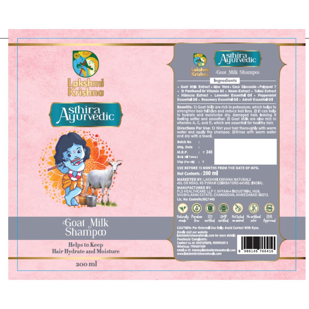 Lakshmi Krishna Naturals Goat Milk Shampoo for Soft Shiny Hair - Nourishing & Moisturizing Shampoo with Natural Proteins & Vitamins - All Hair Types - Perfect for Daily Hair Care & Dry Scalp Relief