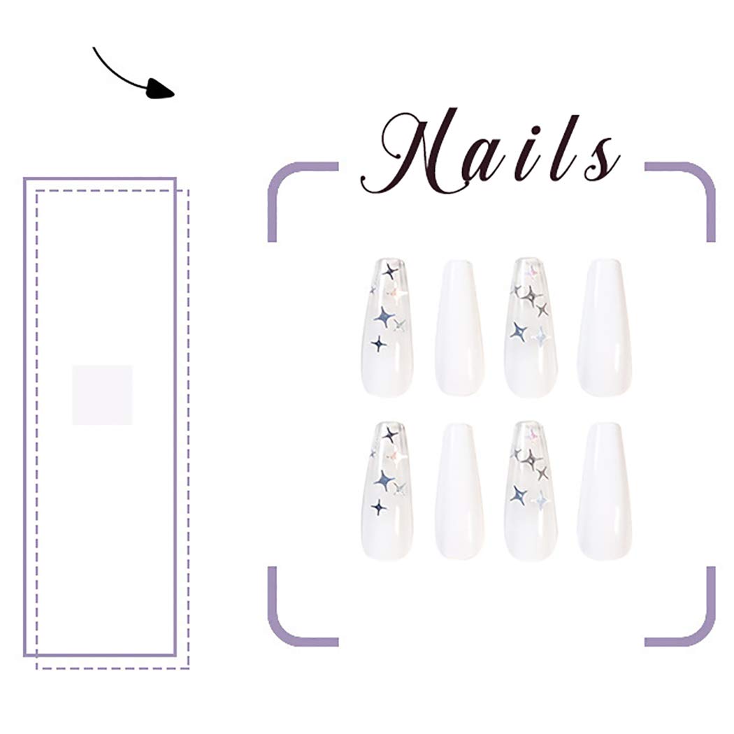 Gangel Coffin False Nails - 24Pcs Sparkle Star Acrylic Press on Nails, Long Ballerina Full Cover Fake Nails in Pure White | Perfect for Christmas Parties, Weddings, and Special Occasions | Gifts for Women and Girls