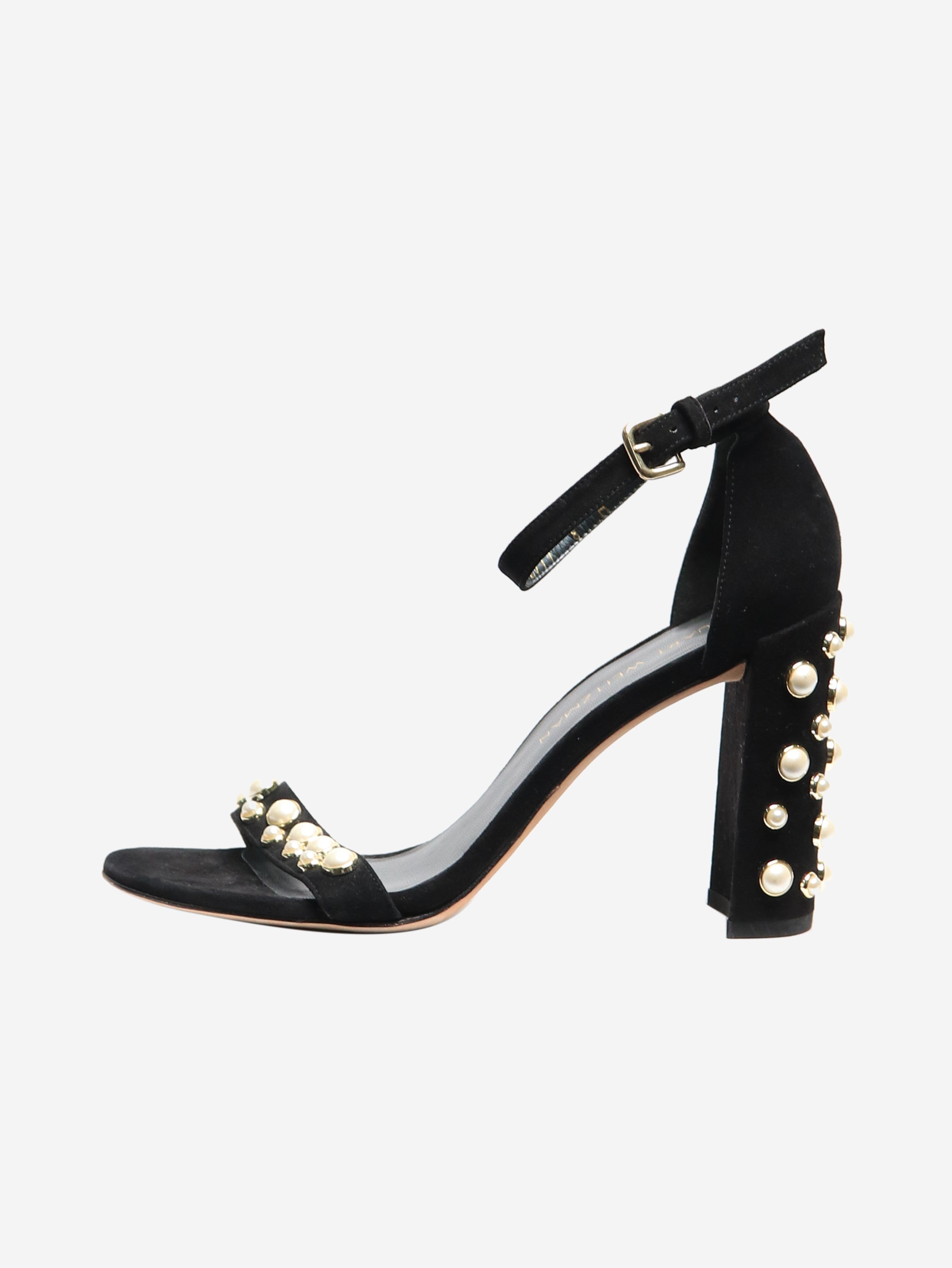 Elegant Black Suede Pearl Embellished Sandal Heels Women's Size EU 38.5 - Perfect for Weddings, Parties & Evening Events