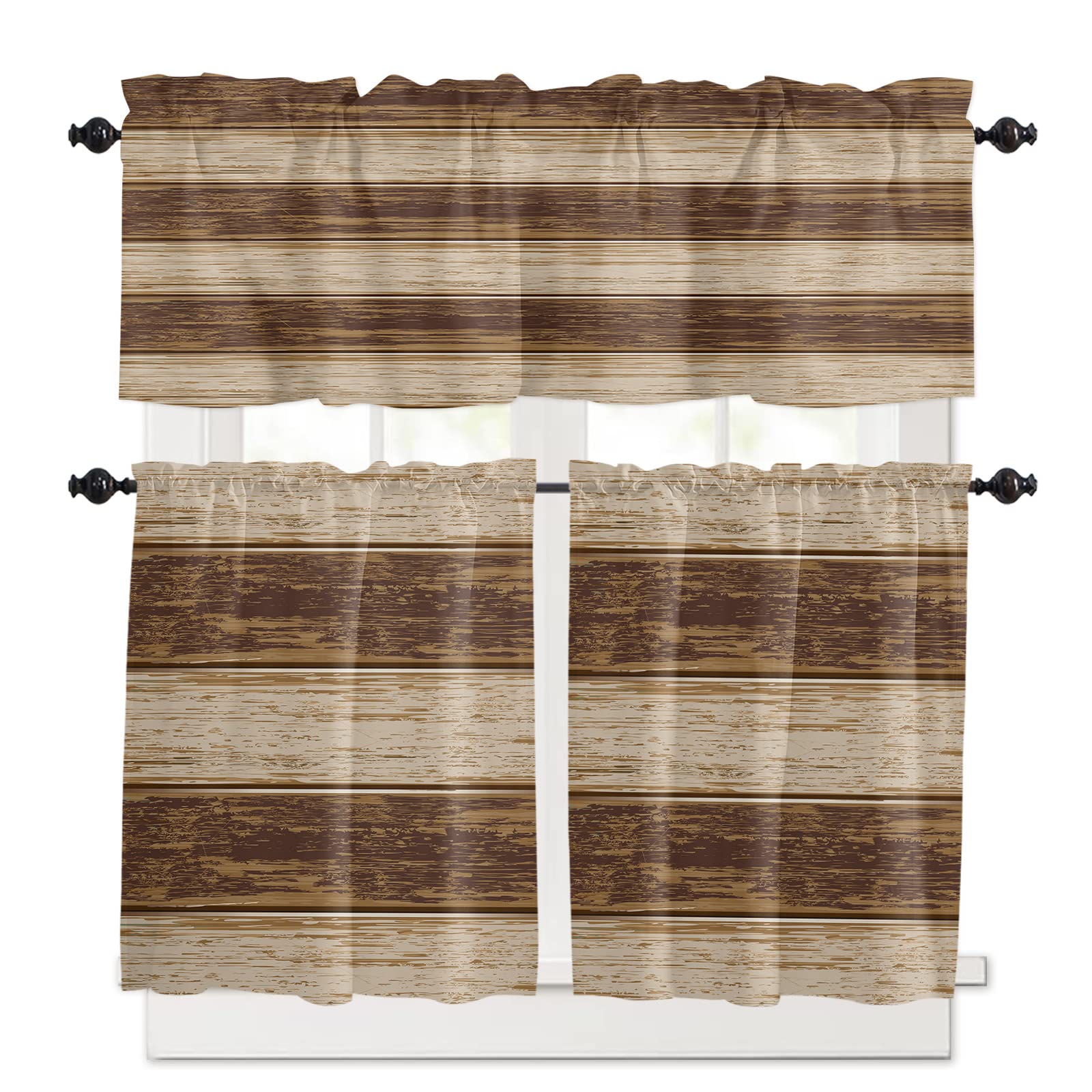 Double Love 3-Piece Rustic Brown Barn Wood Kitchen Curtain Set with Rod Pocket - Farmhouse Style Valance & Tier Panels for Windows | Perfect for Country Kitchens, Dining Rooms & Cozy Farmhouse Decor