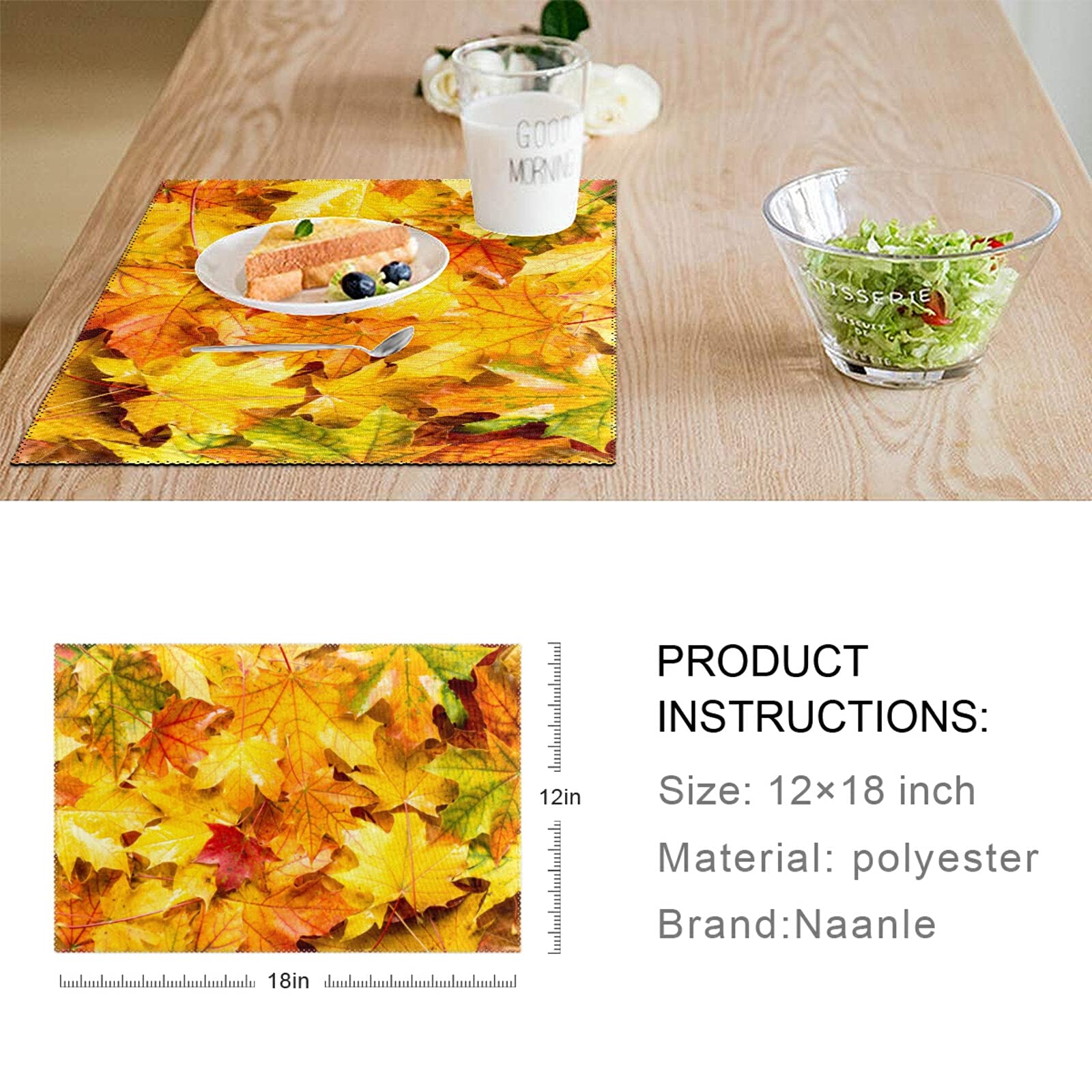 Thanksgiving Maple Leaf Placemats Set of 4 - Non-Slip Heat-Resistant Washable Table Mats for Kitchen & Dining - 12