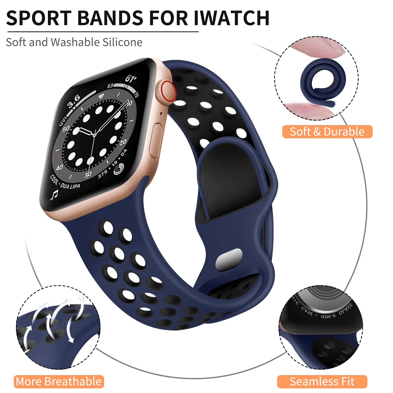Lerobo Soft Silicone Replacement Bands for Apple Watch Ultra 2/SE/Series 10-1 - Compatible with 45mm 44mm 49mm 46mm 42mm - Midnight Blue & Black (M/L Size) - Perfect for Workouts, Running & Everyday Wear
