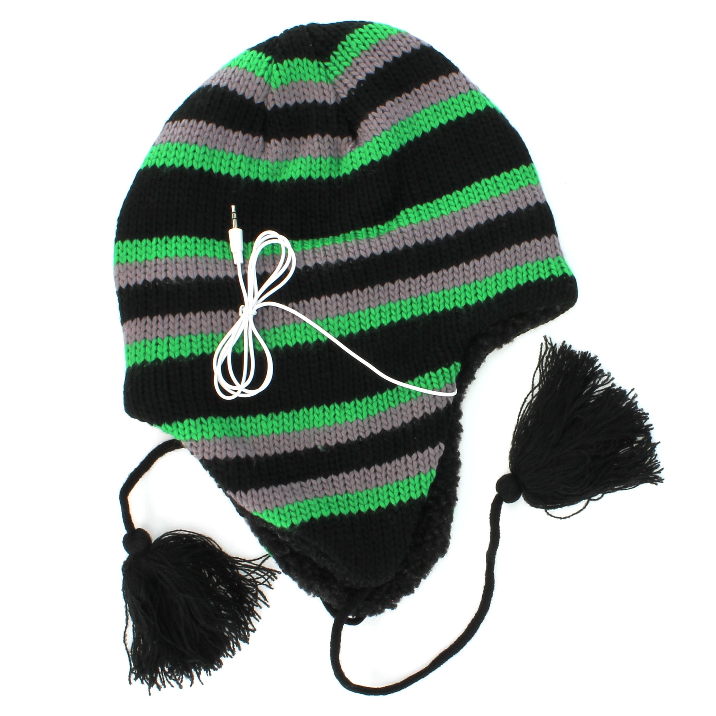 Winter Beanie with Built-in Headphones - Green Peruvian Knit Style One Size Fits All - Perfect for Skiing, Jogging & Cold Weather Activities
