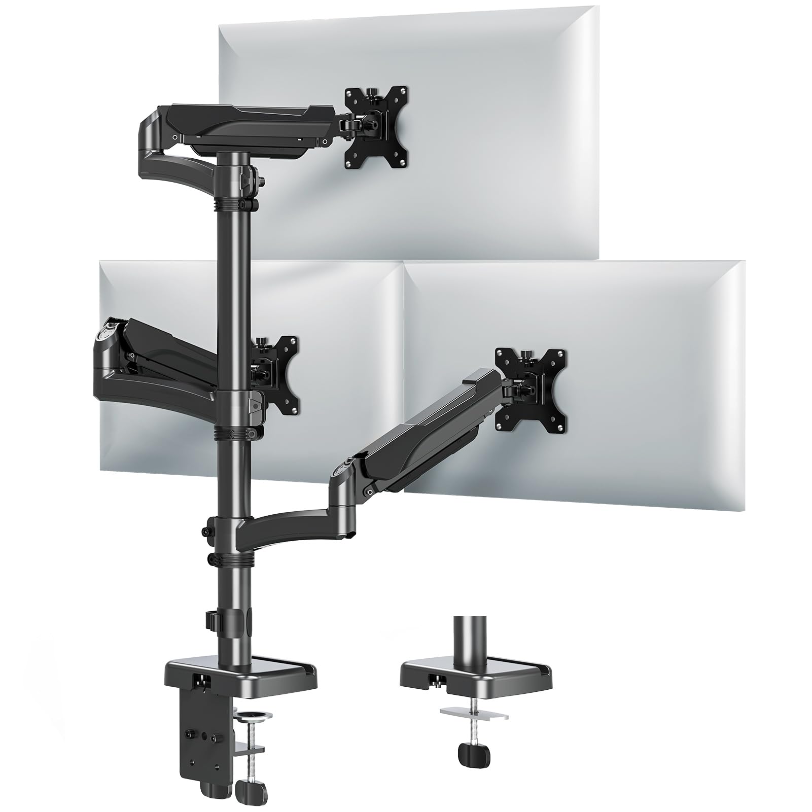 MOUNTUP Triple Monitor Stand for Desk - Adjustable Gas Spring Arm Mount Holds 3 Monitors up to 32 Inches (4.4-17.6lbs), VESA 75x75/100x100, Clamp/Grommet Base (MU6013A) - Perfect for Home Office, Gaming Setup & Multi-Tasking Workspaces