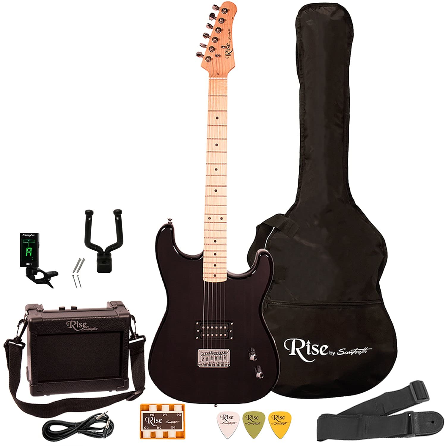 Rise by Sawtooth Black Electric Guitar Beginner Bundle with Amp, Gig Bag, Cable, Tuner, Wall Hanger, Pitch Pipe, Strap & Picks - Complete Starter Kit with 100+ Guitar Lessons - Perfect for Home Practice, Stage Performance & Music Learning