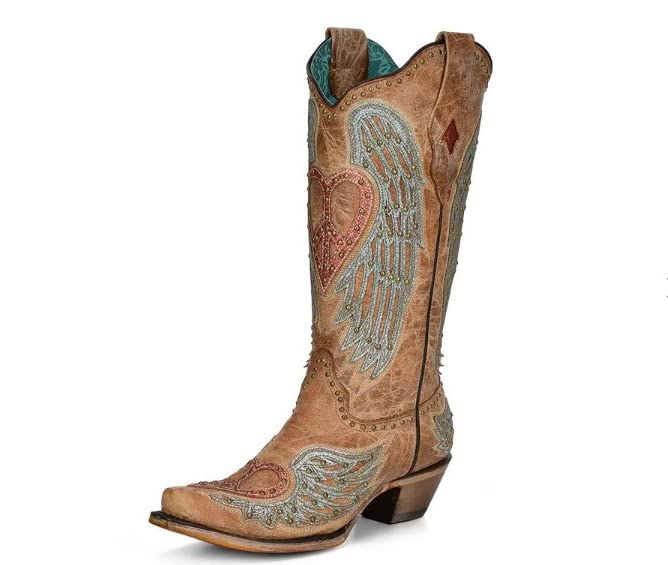 CORRAL Women's Snip Toe Cowboy Boots with Heart & Wings Design - Western Style Ankle Boots for Country Dancing, Rodeo & Casual Outfits