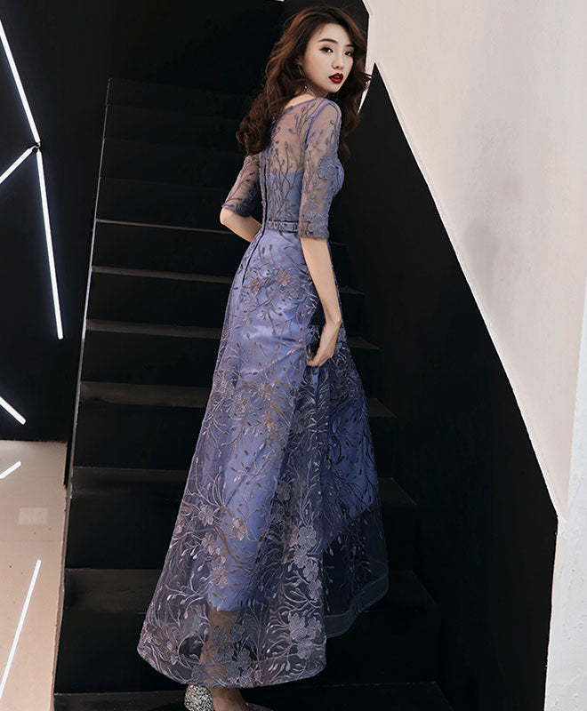 Elegant Blue Round Neck Tulle Lace Long Prom Dress for Women - Formal Evening Gown for Homecoming, Wedding, Party & Special Occasions