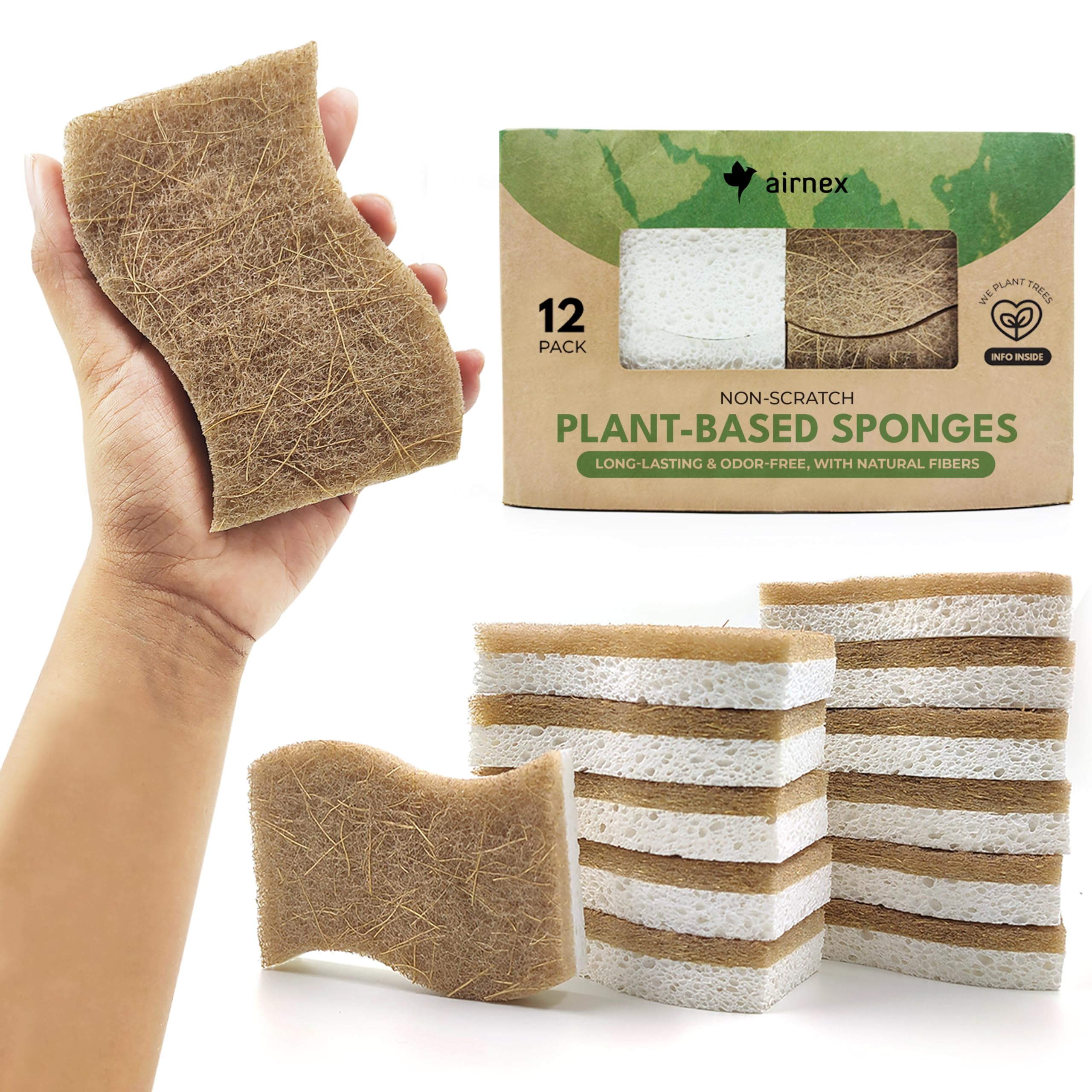 Eco-Friendly Biodegradable Kitchen Sponges - 12 Pack Compostable Cellulose & Coconut Scrub Sponges for Dishes, Pots & Pans - Natural Cleaning Sponge for Sustainable Home & Zero Waste Kitchen