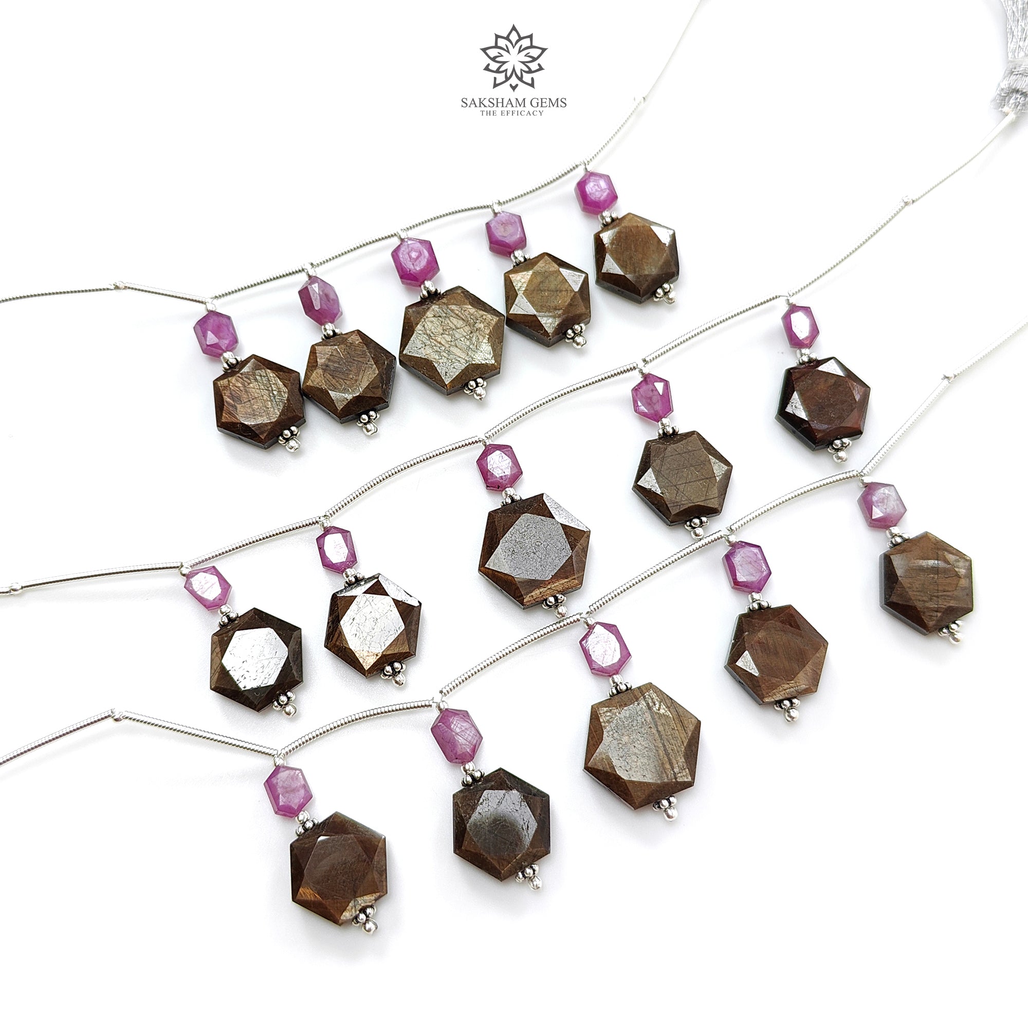 Natural Untreated Golden Sapphire & Raspberry Pink Ruby Faceted Loose Beads - Hexagon Fancy Cut 925 Sterling Silver Beads for Jewelry Making, DIY Crafts, Bracelets & Necklace Designs - Perfect for Bohemian, Vintage & Wedding Jewelry Creations
