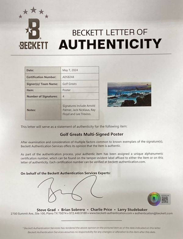 Authentic Signed PGA Golf Poster 19x32 - Arnold Palmer, Jack Nicklaus & Legends (BAS LOA Certified) - Perfect for Man Cave, Sports Bar & Golf Memorabilia Collection