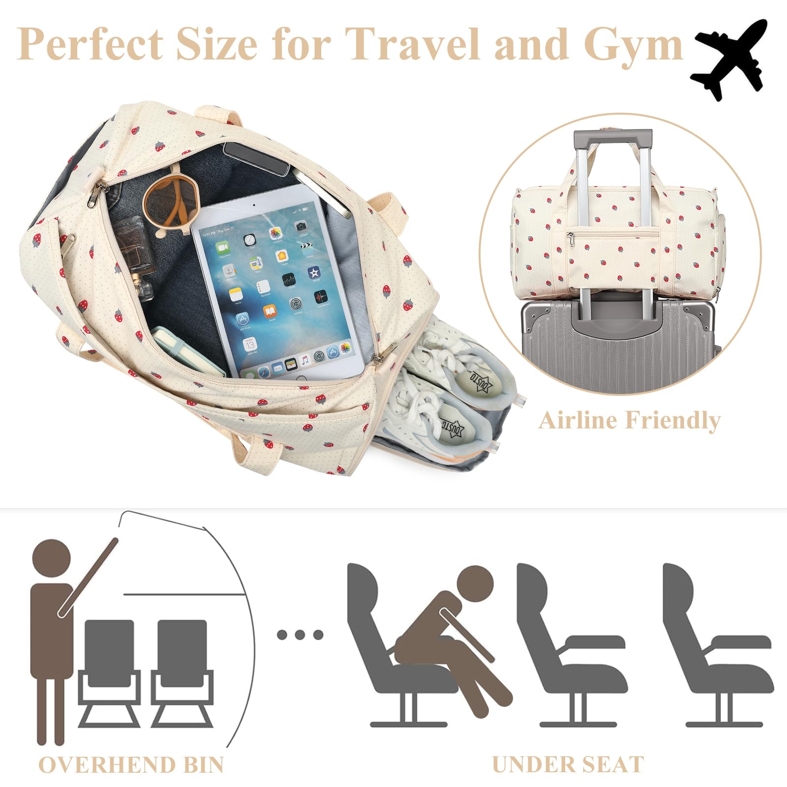 Gym Bag for Men & Women - Large Sports Duffle Bag with Wet Pocket & Waterproof Shoe Compartment | Foldable Weekender Overnight Travel Bag with Ventilation Holes | Perfect for Gym, Travel, Workout & Sports - Strawberry Beige