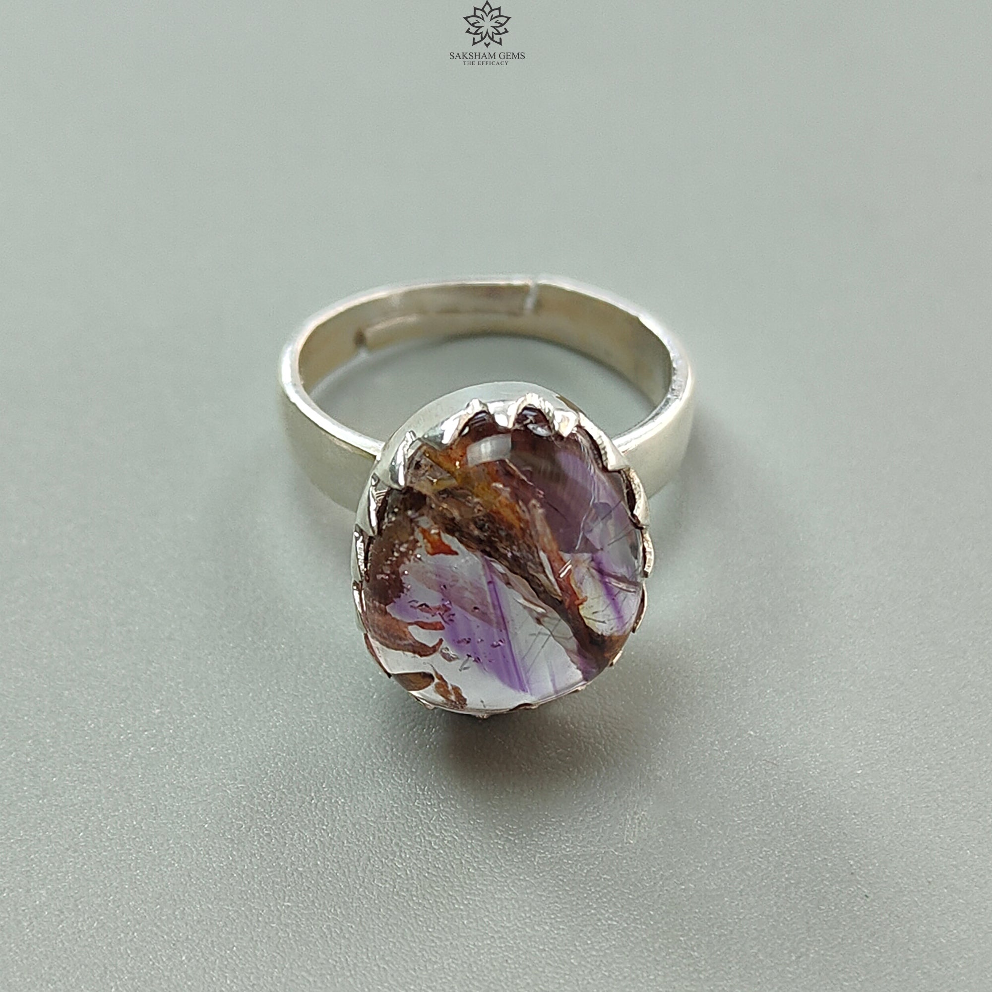 Natural Super Seven Amethyst 925 Sterling Silver Adjustable Ring - 5.52g Untreated Fancy Shape Bezel Set Jewelry for Women, Gift for Her, Spiritual Healing & Everyday Wear