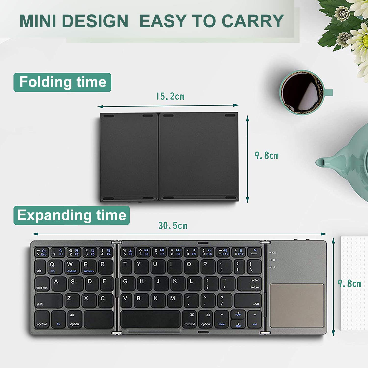 Foldable Bluetooth Keyboard with Touchpad - Portable Wireless Keyboard for Mac, Windows, Android, Linux, PC & Tablet - Rechargeable Li-ion Battery - Dark Gray | Perfect for Travel, Office & Home Use