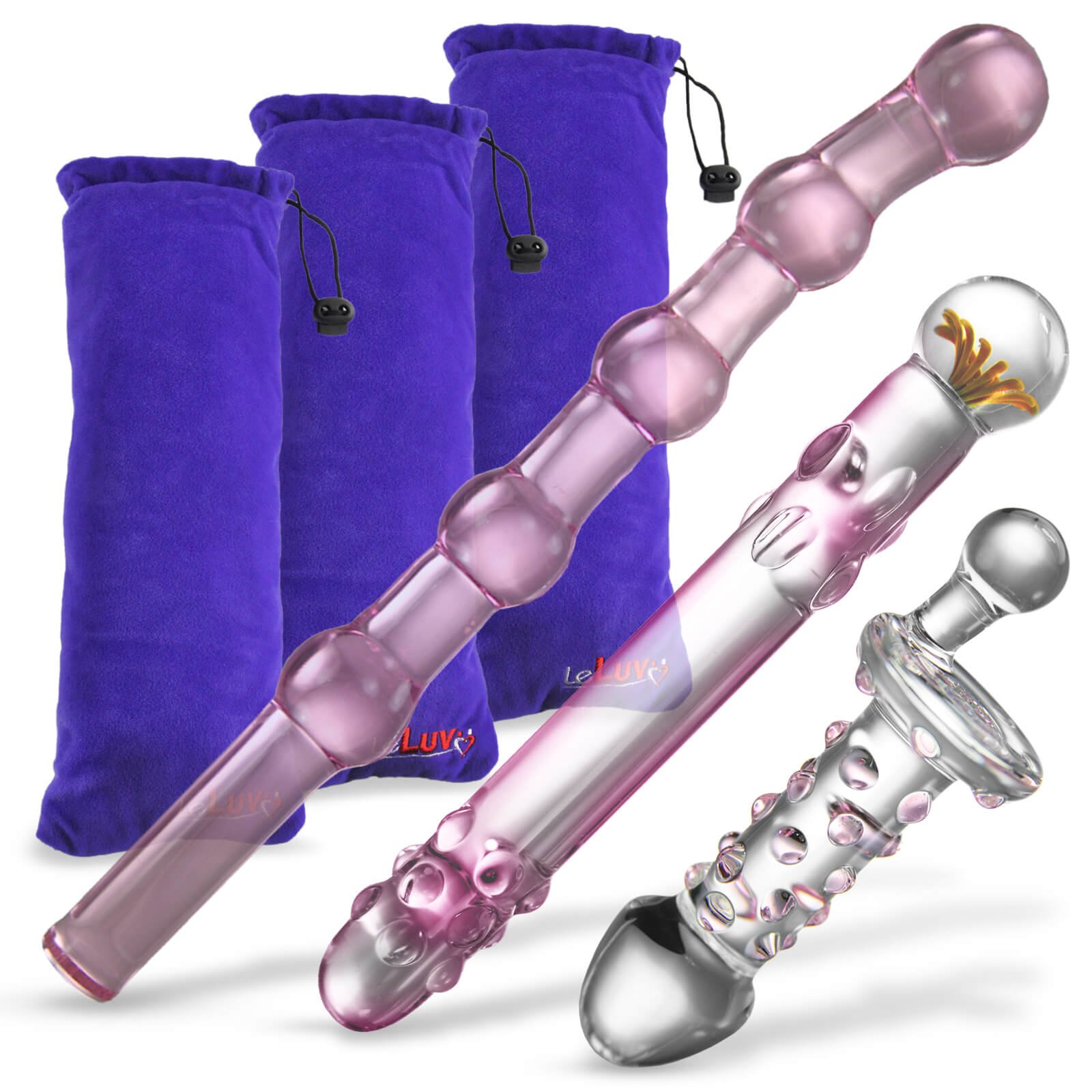 Premium LeLuv Pyrex Glass Nubby Dildo & Butt Plug Set - 3 Piece Pink Pearl Sex Toy Kit with Luxury Padded Pouches | Sensual Play, Couples Intimacy & Solo Pleasure for Women & Men