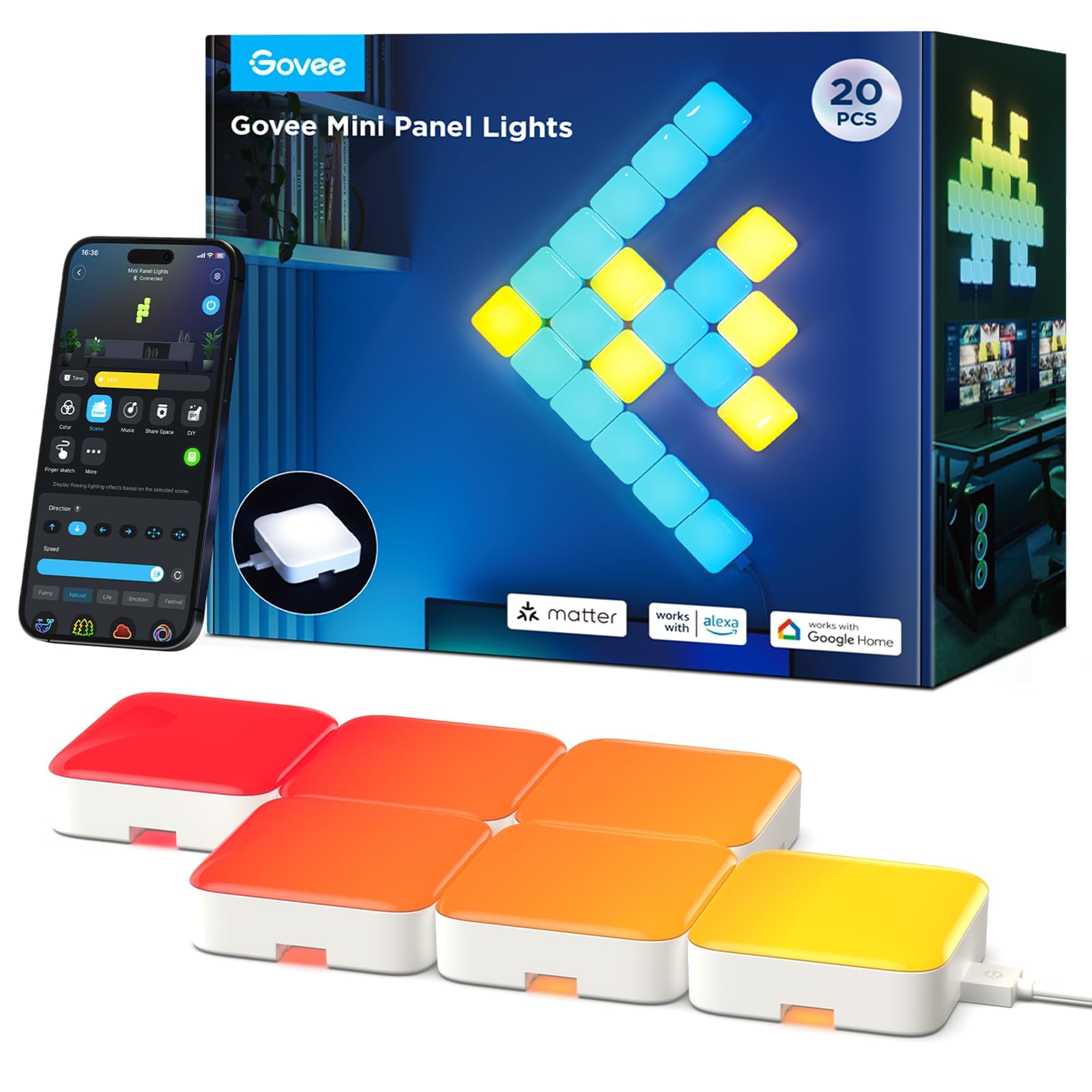 Govee Mini RGBIC LED Panel Lights - Smart Wall Lights with Music Sync, Works with Alexa, Google Assistant & Matter - 20 Pcs for Gaming Room, Bedroom, Office & Home Decor - DIY Color Changing Light Panels for Parties & Ambient Lighting