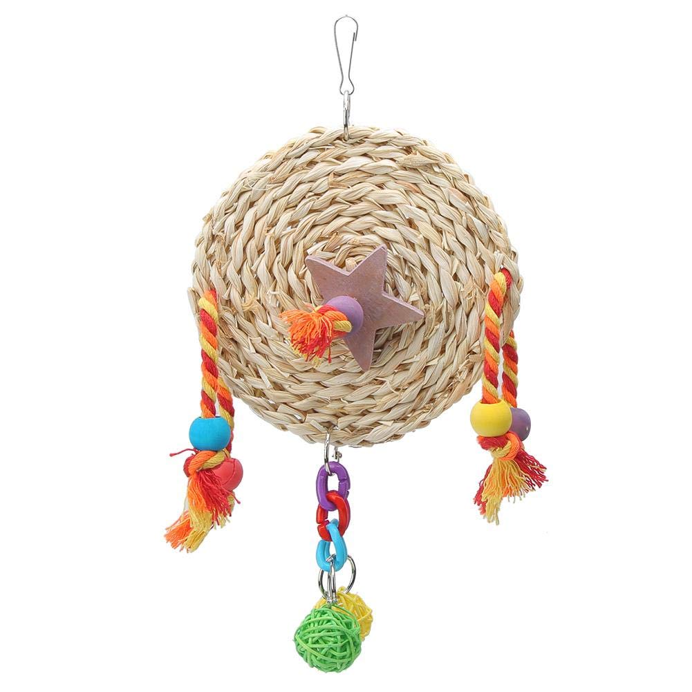 Non-Toxic Parrot Chewing Toy - Natural Straw & Wooden Biting Block with Hanging Swing - Safe Cage Accessories for Birds (Large Size) | Perfect for Parrot Enrichment, Beak Exercise & Cage Entertainment
