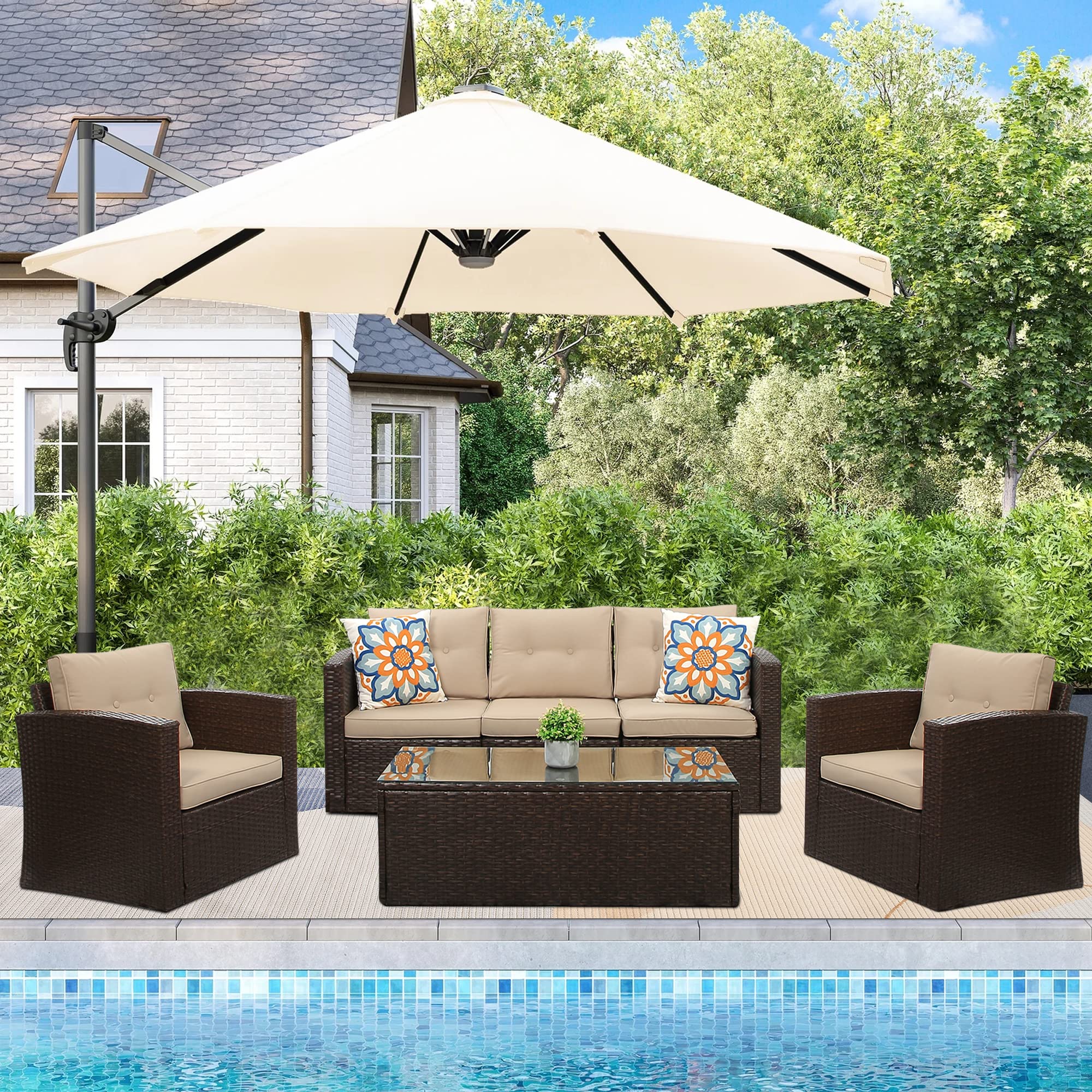 6-Piece Outdoor Patio Furniture Set - Brown Wicker Rattan Sectional Sofa with Glass Coffee Table & Storage Box, Perfect for Garden, Backyard, and Poolside Relaxation