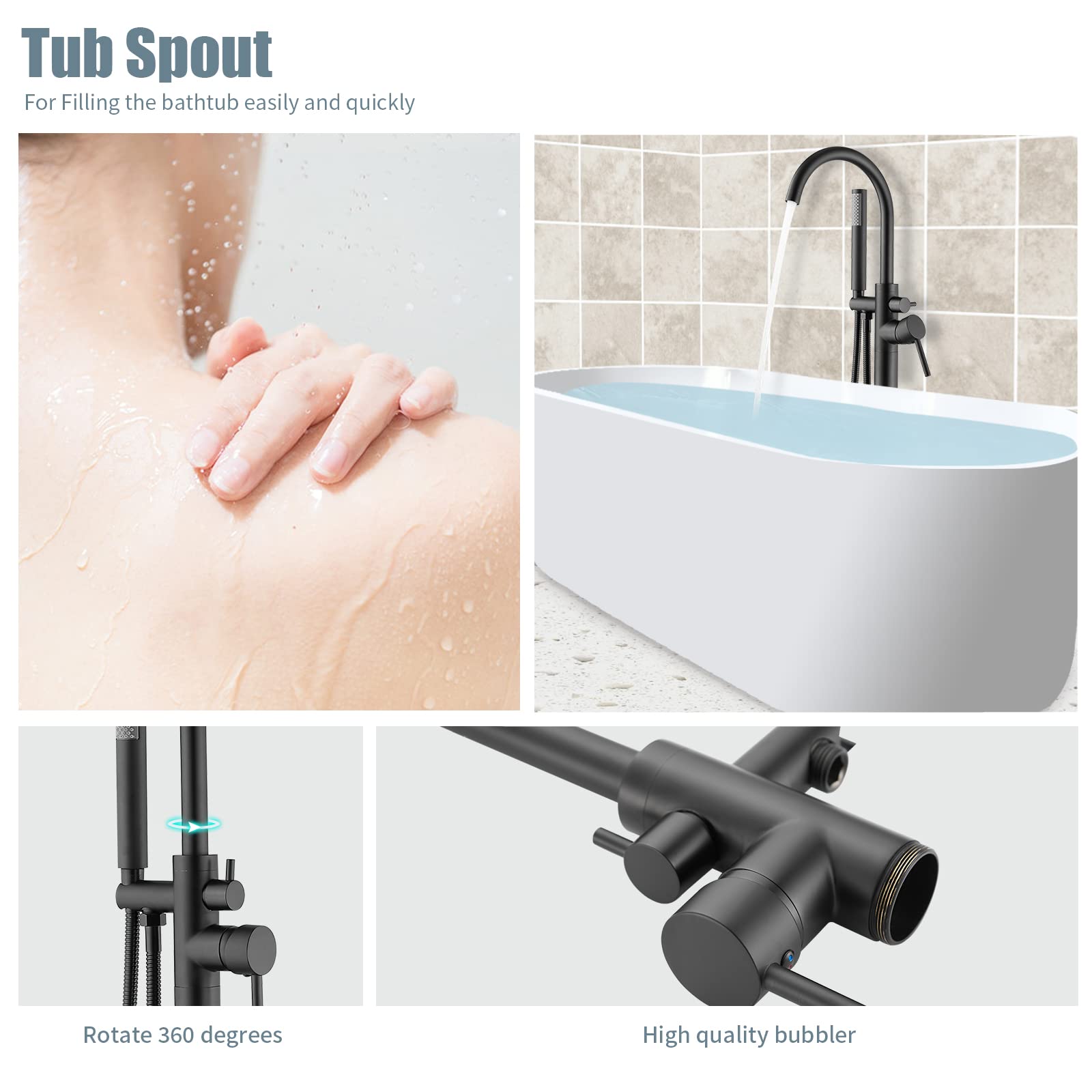 Black Freestanding Bathtub Faucet Set with 360° Swivel Spout & Handheld Shower - Farmhouse Style Tub Filler for Indoor/Outdoor Use - Perfect for Bathroom Renovation, Garden Showers, and Spa Relaxation