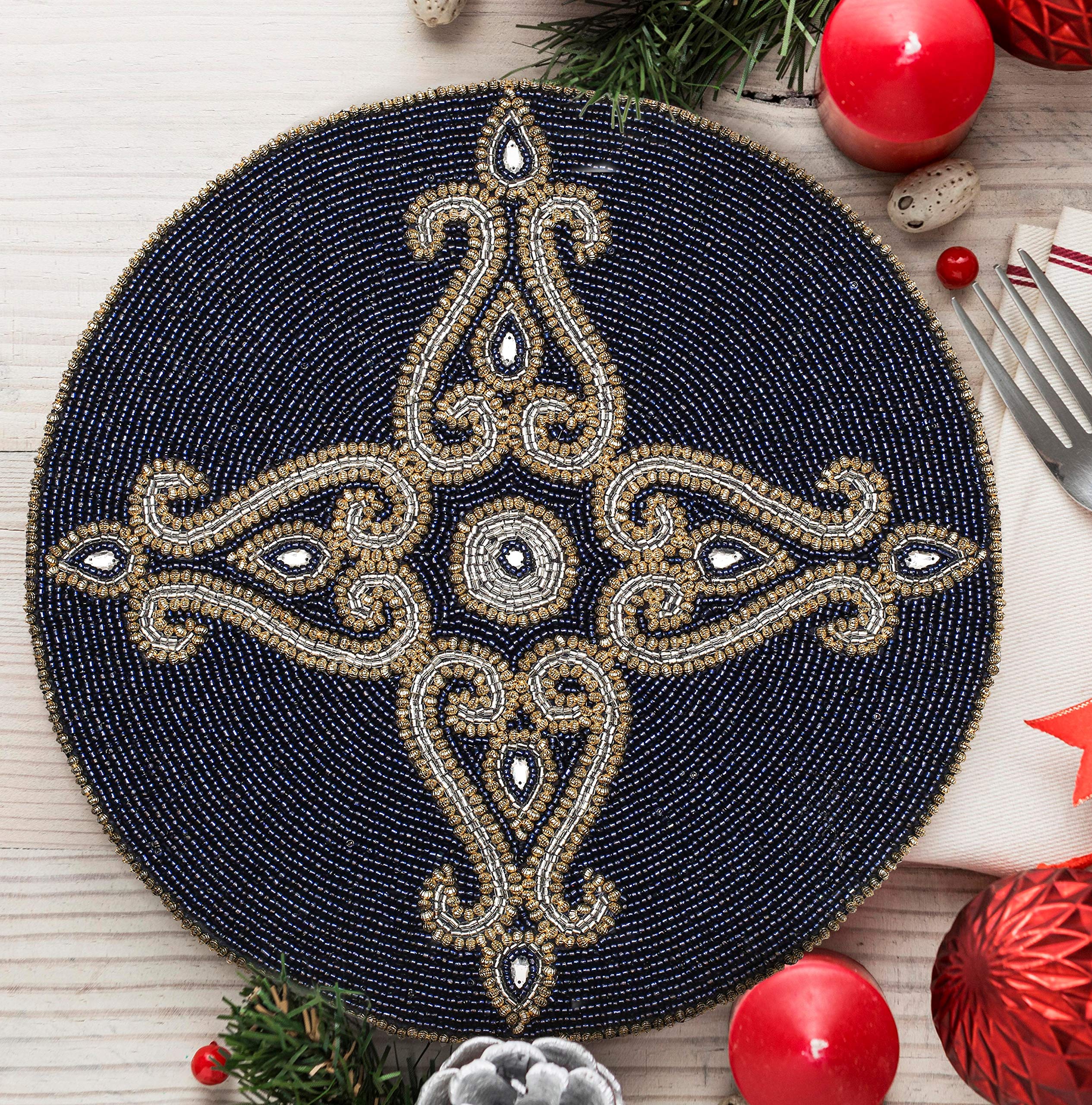 Blue and Gold Beaded Round Paisley Placemats - 13 Inch Decorative Dining Table Mats for Holiday & Christmas Dinner Parties - Elegant Beaded Charger Plates for Festive Home Decor